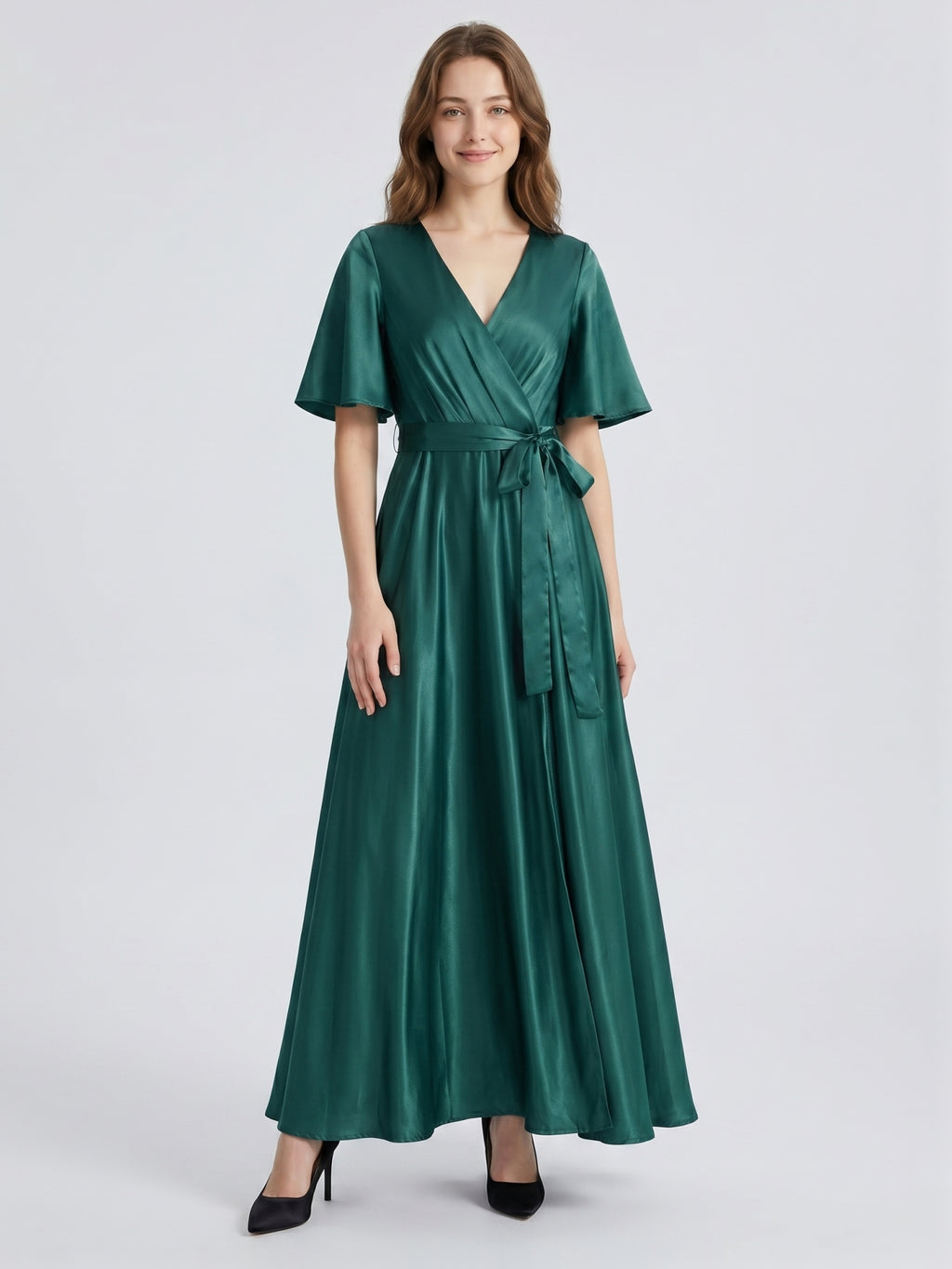 Peacock Satin A-Line V-Neck Side Zip Floor-Length Bridesmaid Dress with Bow