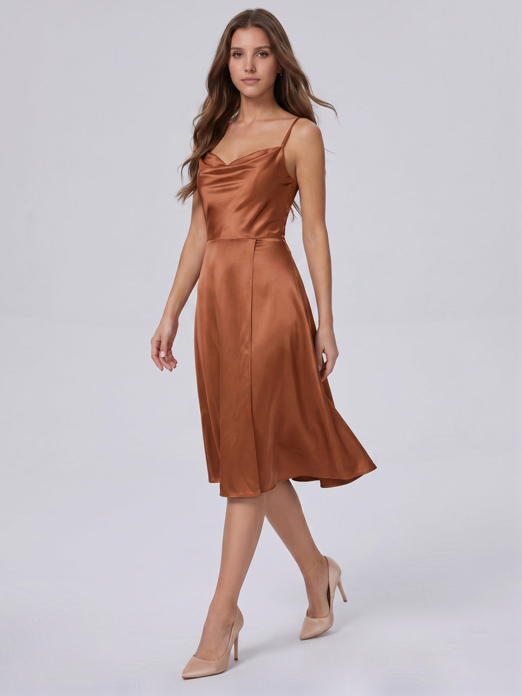 Terracotta Satin A-Line Cowl Neck Backless Knee-Length Bridesmaid Dress