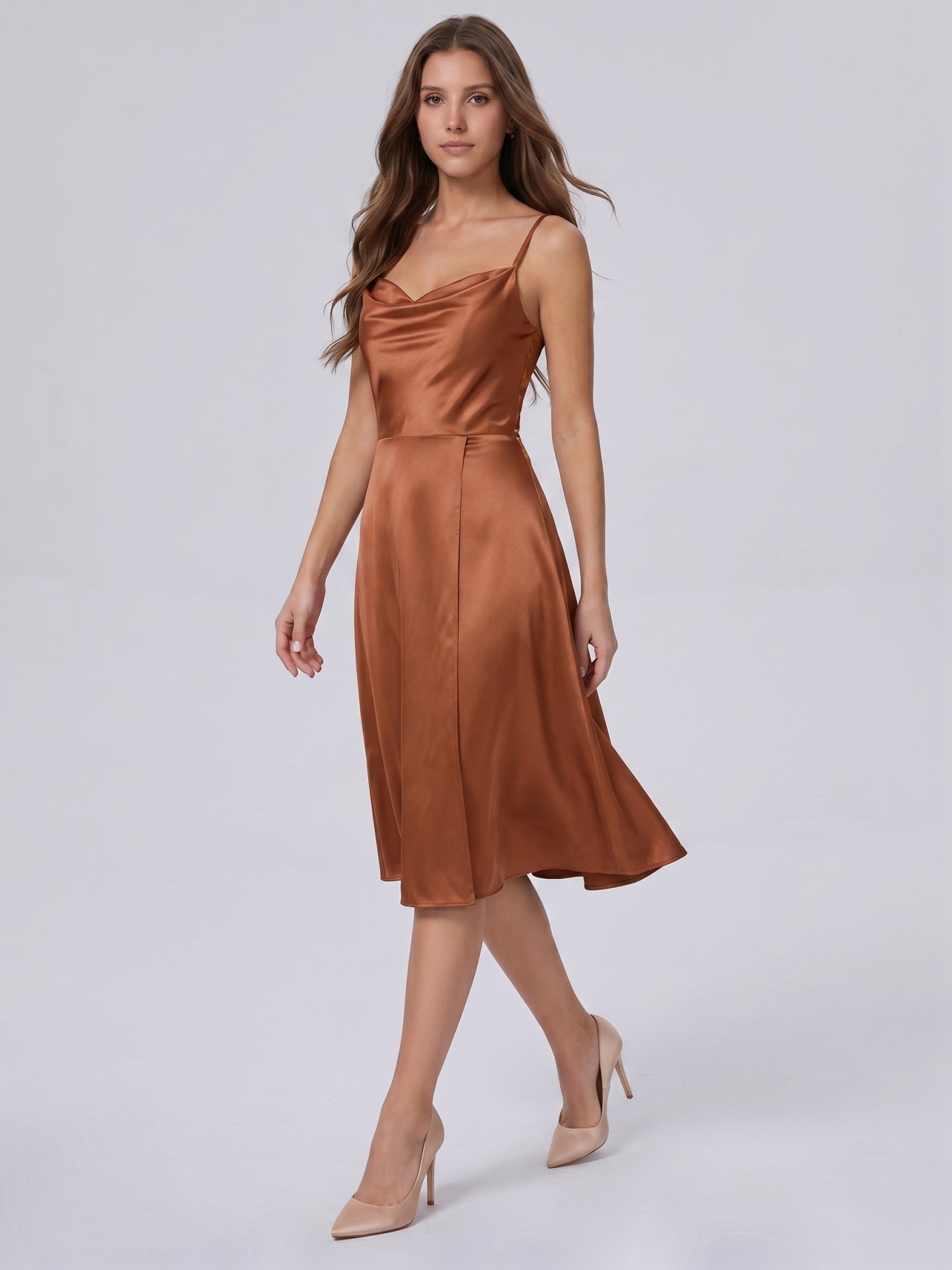 Terracotta Satin A-Line Cowl Neck Backless Knee-Length Bridesmaid Dress
