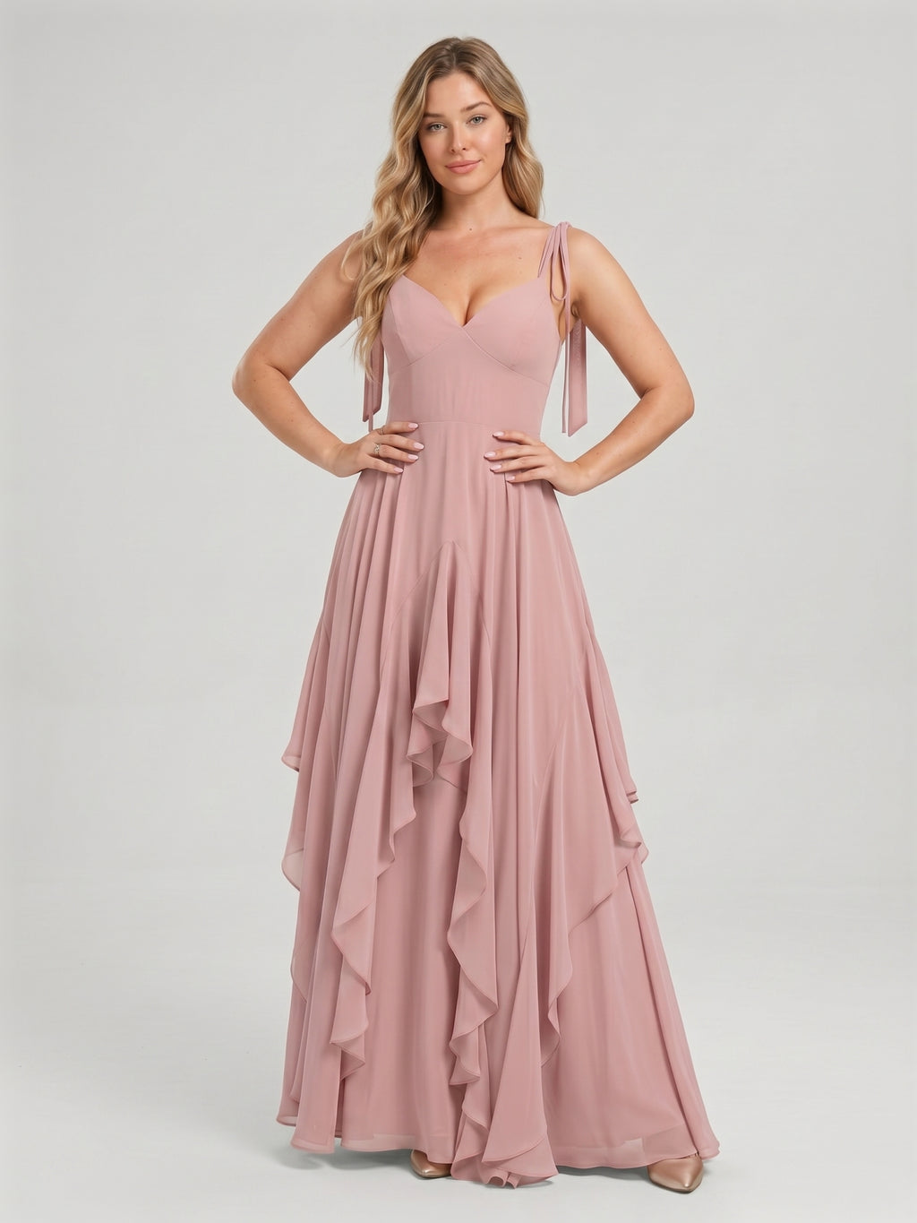 Sweet & Flowy Dusty Rose Chiffon A-Line V-Neck Back Zip with Ruffle Ankle-Length Bridesmaid Dress