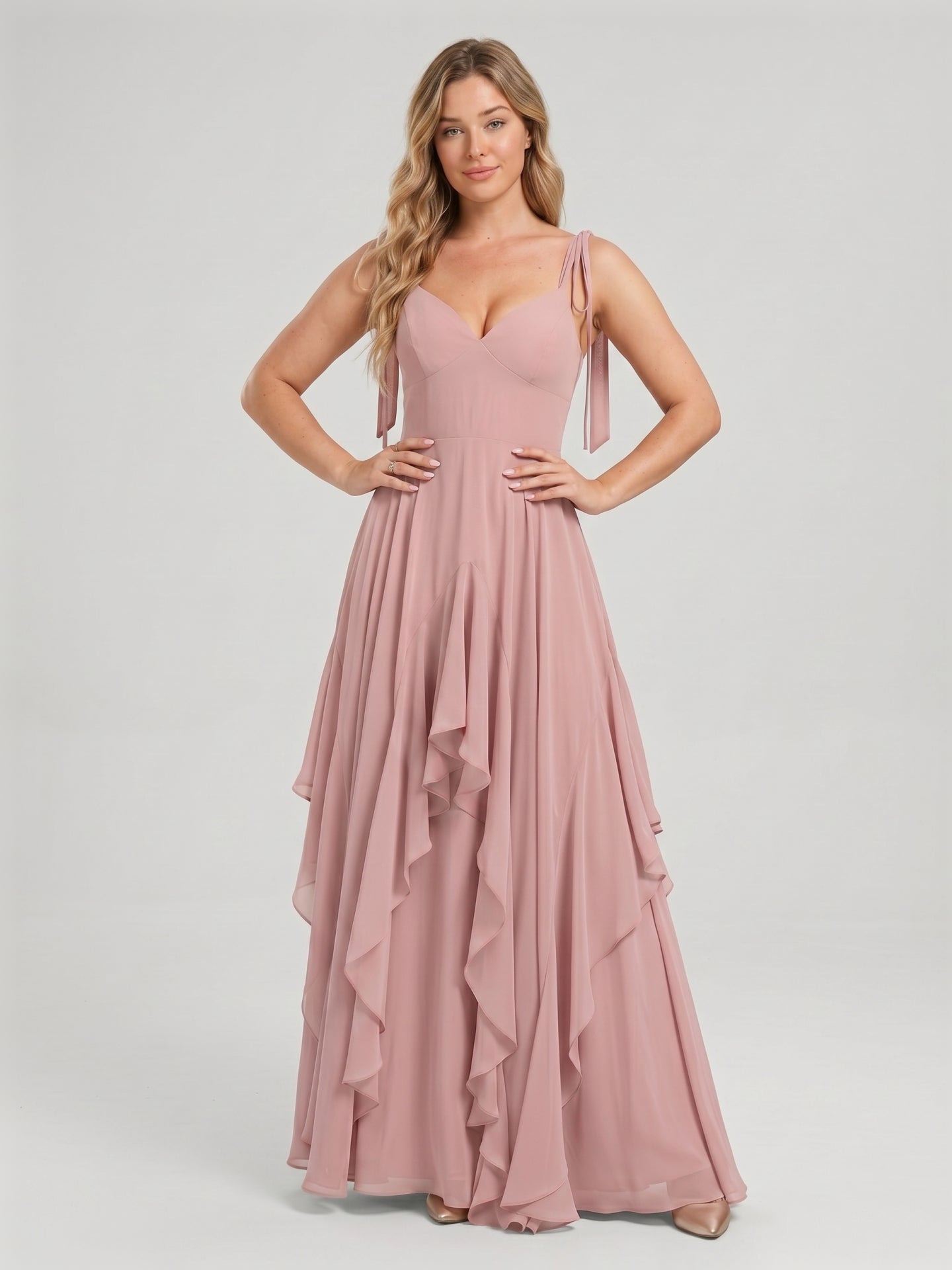 Sweet & Flowy Dusty Rose Chiffon A-Line V-Neck Back Zip with Ruffle Ankle-Length Bridesmaid Dress