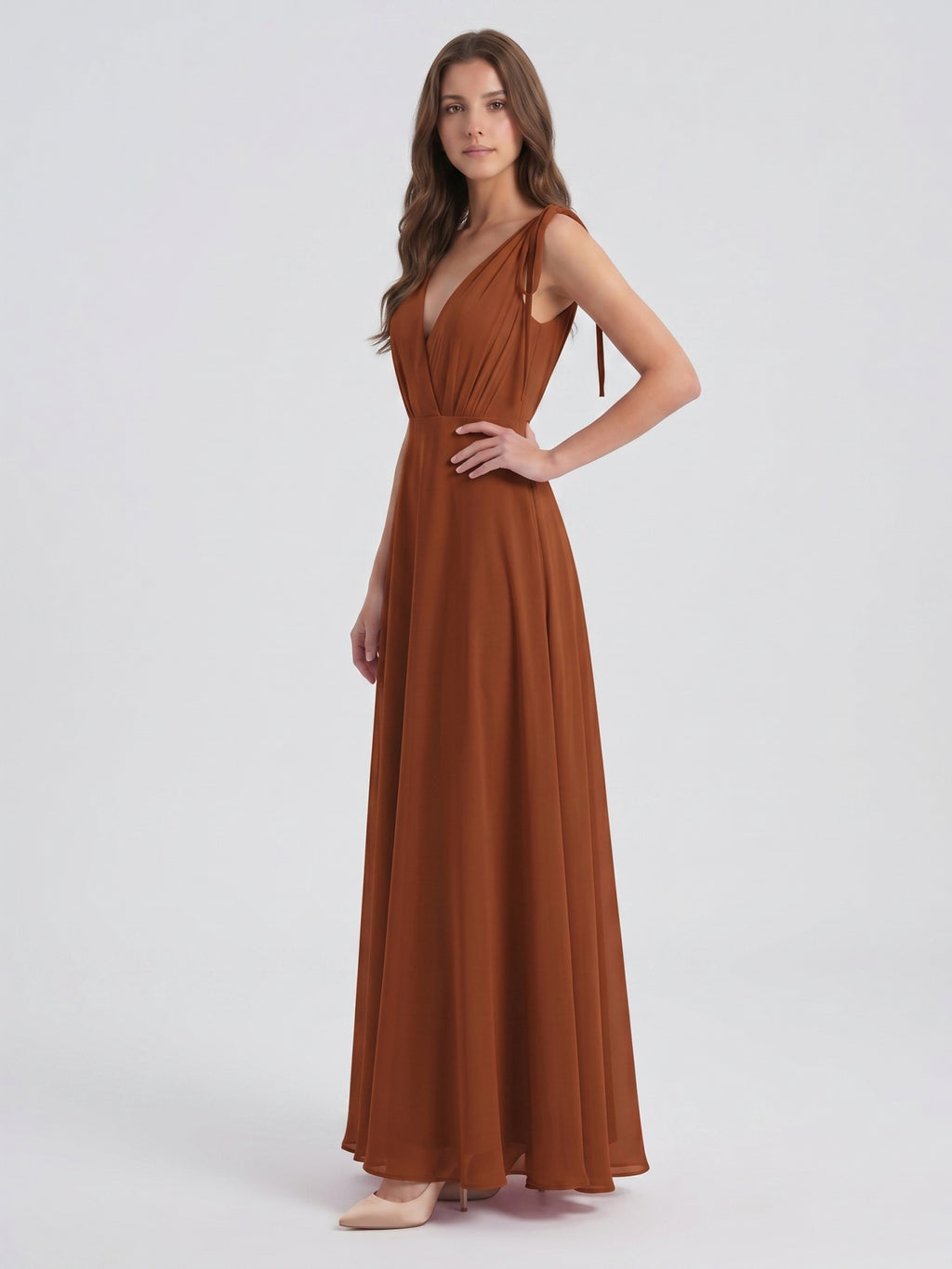 Terracotta Chiffon A-Line V-Neck Backless Floor-Length Bridesmaid Dress with Bow