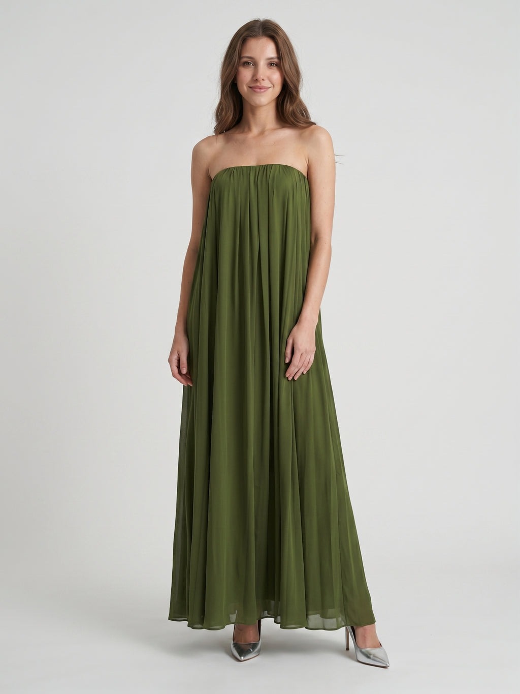 Olive Green Chiffon Sheath Off-the-Shoulder Backless Floor-Length Pleated Dress