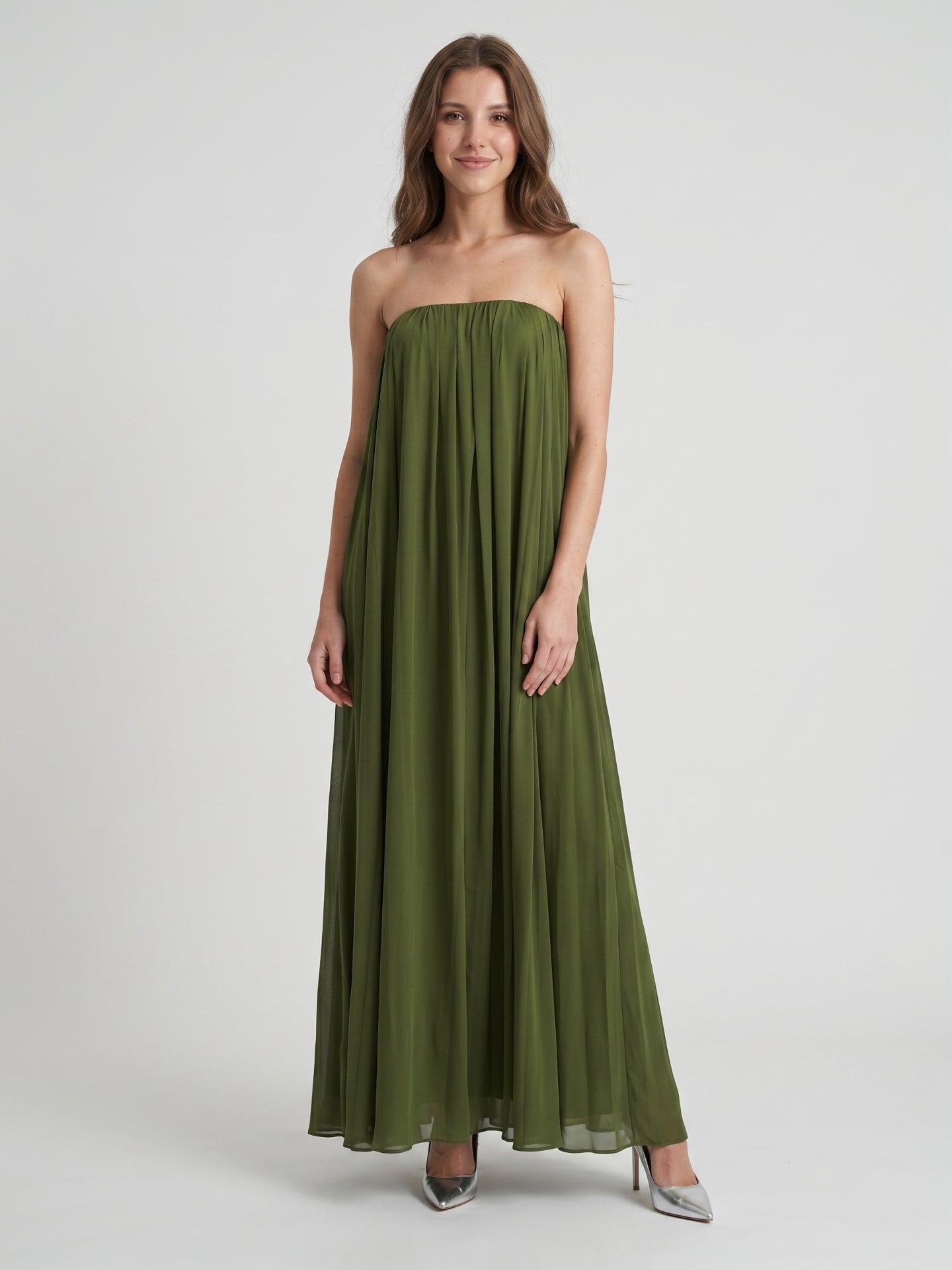 Olive Green Chiffon Sheath Off-the-Shoulder Backless Floor-Length Pleated Dress