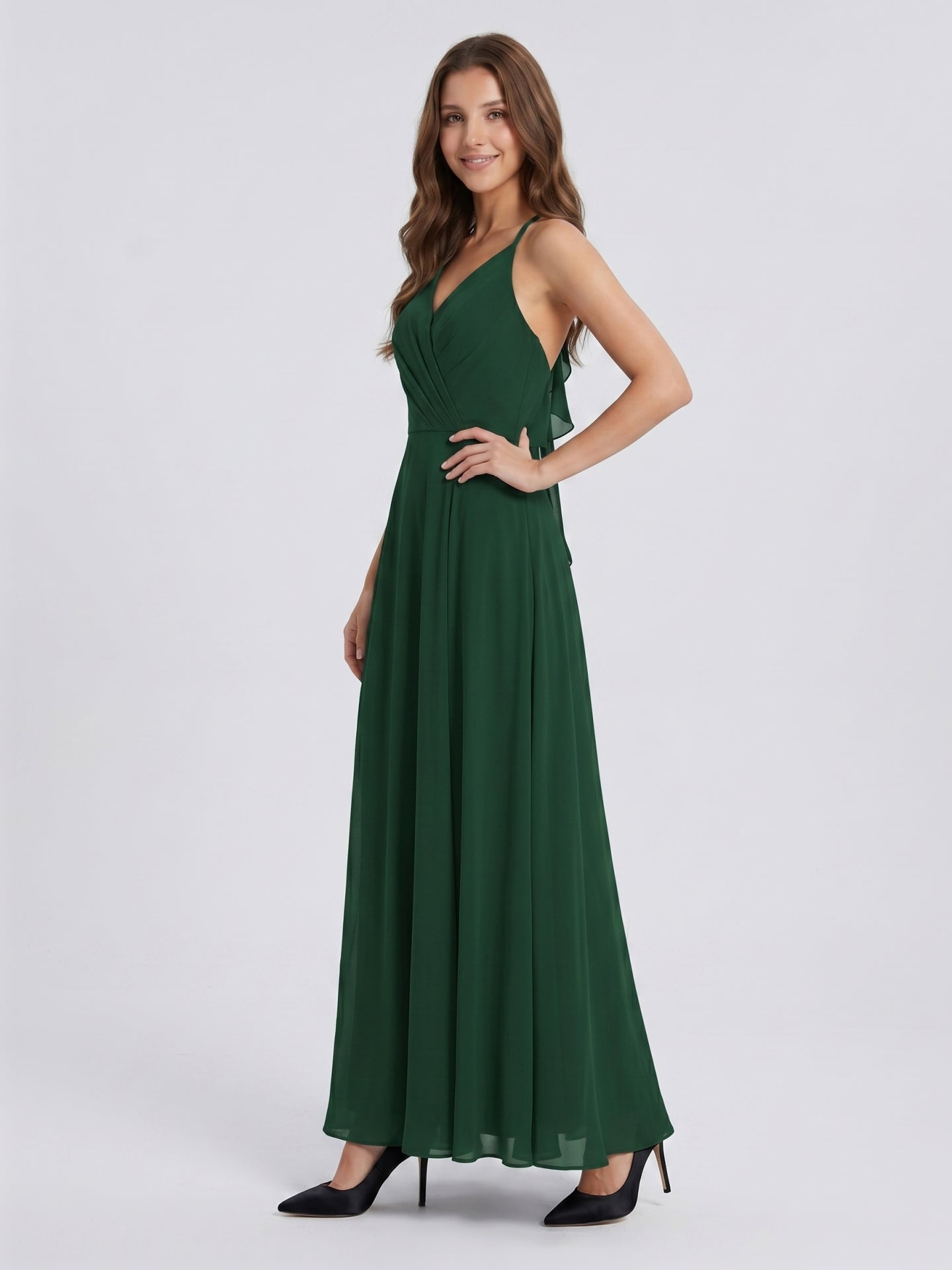 Forest Green Chiffon A-Line Halter Keyhole Back Floor-Length Ruffle Bridesmaid Dress