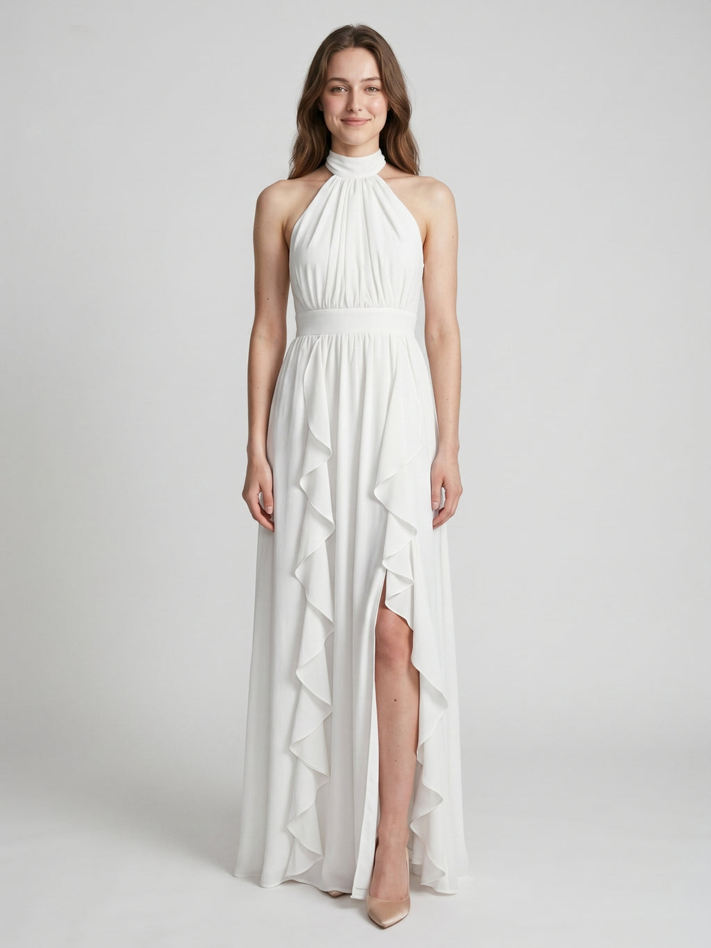 Ivory Chiffon A-Line Halter Bow Back Floor-Length Ruffle Bridesmaid Dress