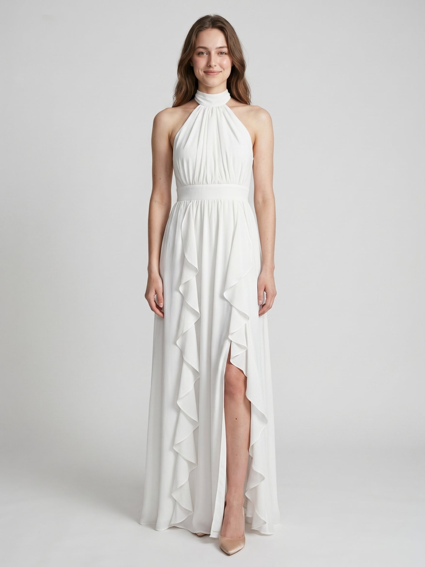 Ivory Chiffon A-Line Halter Bow Back Floor-Length Ruffle Bridesmaid Dress