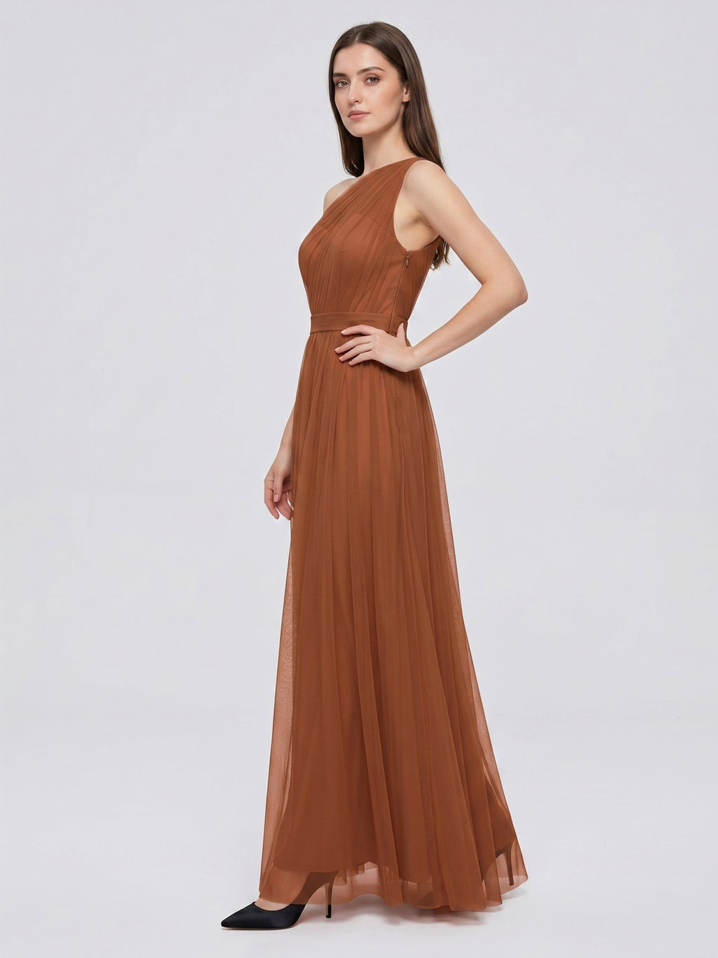 Terracotta Tulle A-Line One Shoulder Back Zip Floor-Length Bridesmaid Dress