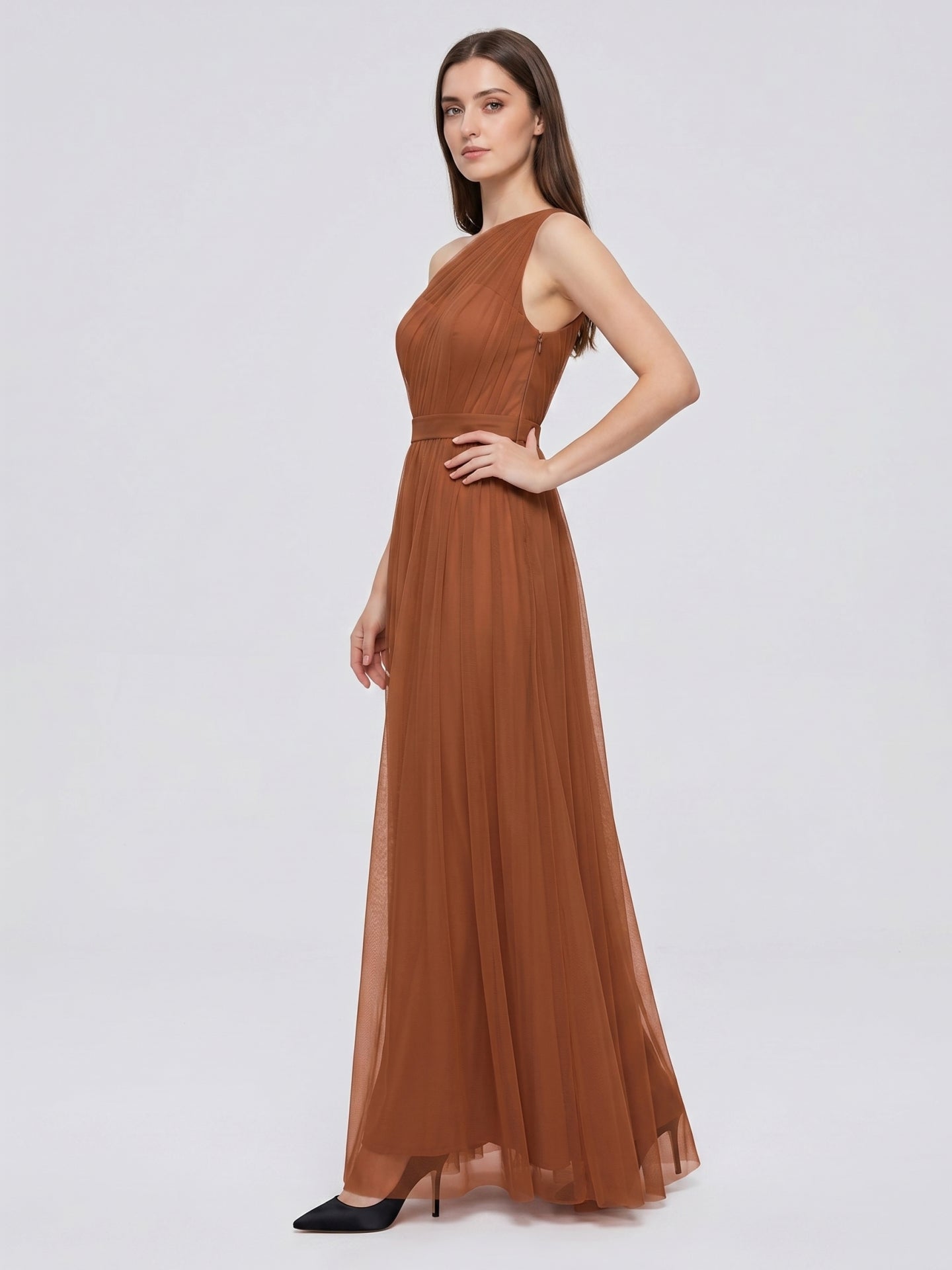 Terracotta Tulle A-Line One Shoulder Back Zip Floor-Length Bridesmaid Dress