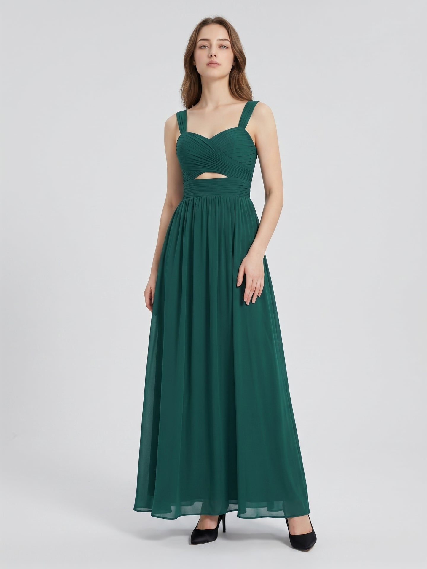 Peacock Chiffon A-Line Sweetheart Back Zip Floor-Length Pleated Bridesmaid Dress