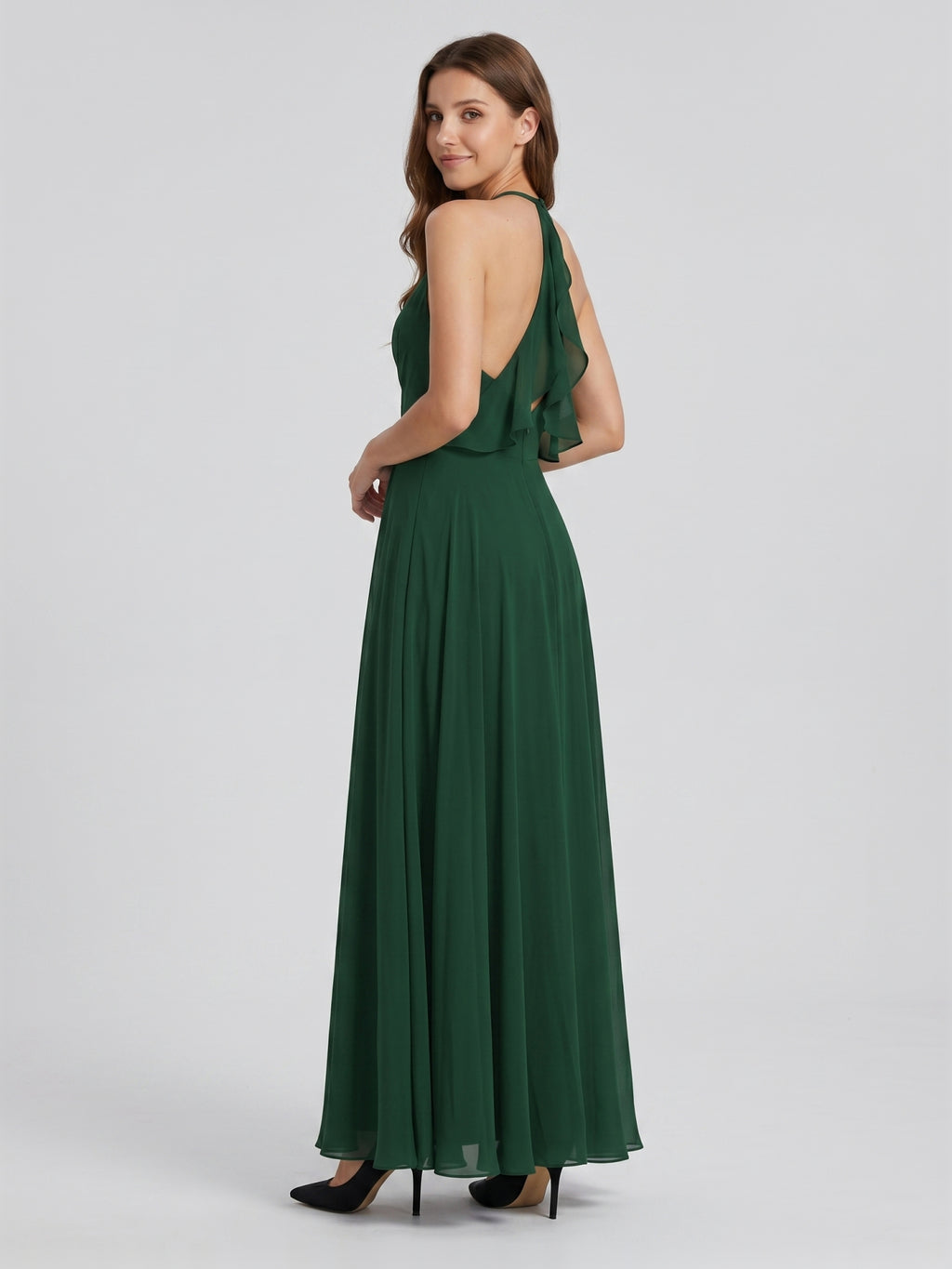 Forest Green Chiffon A-Line Halter Keyhole Back Floor-Length Ruffle Bridesmaid Dress