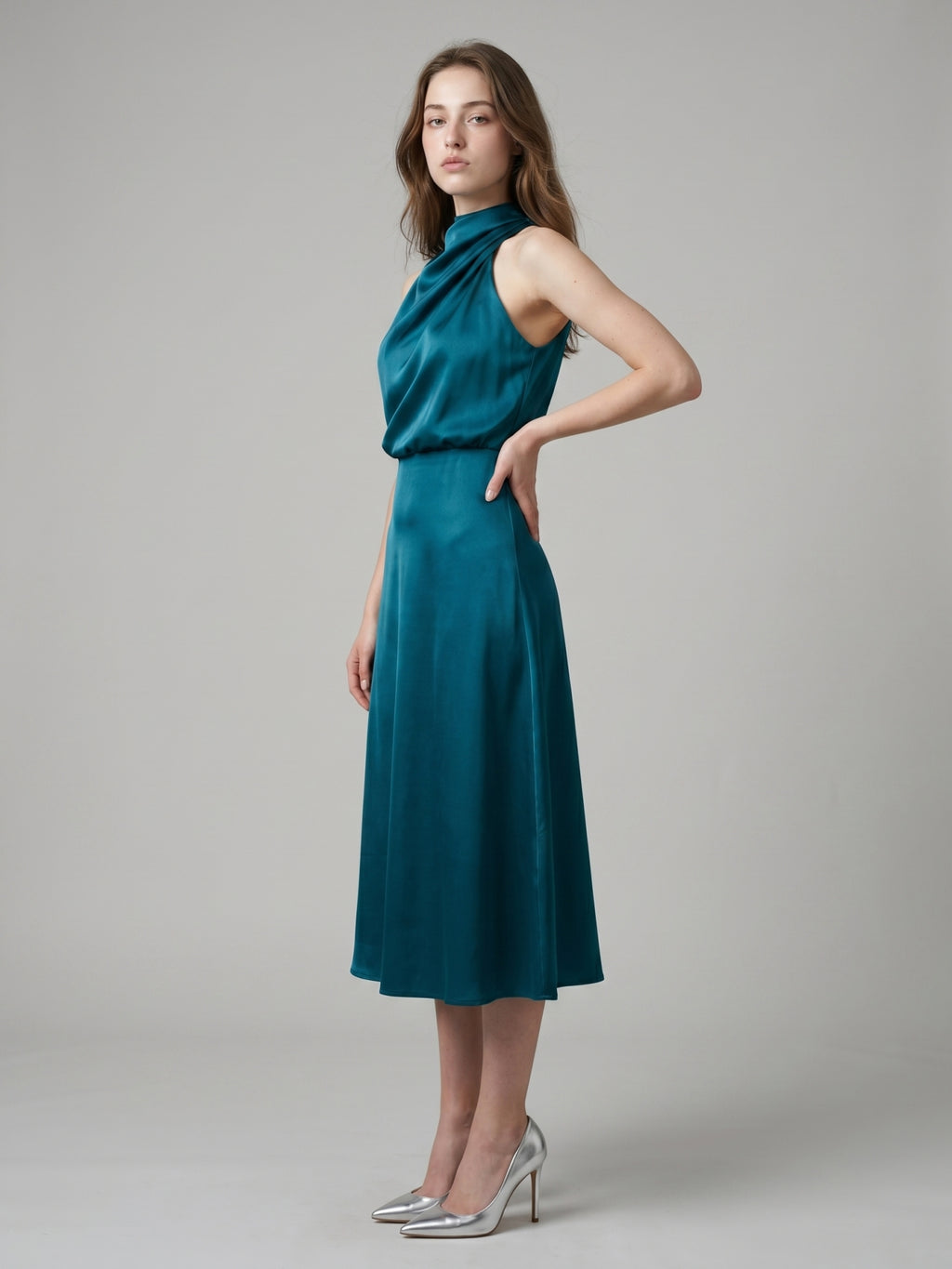 Teal Satin Sheath Scoop Neck Back Zip Tea-Length Bridesmaid Dress