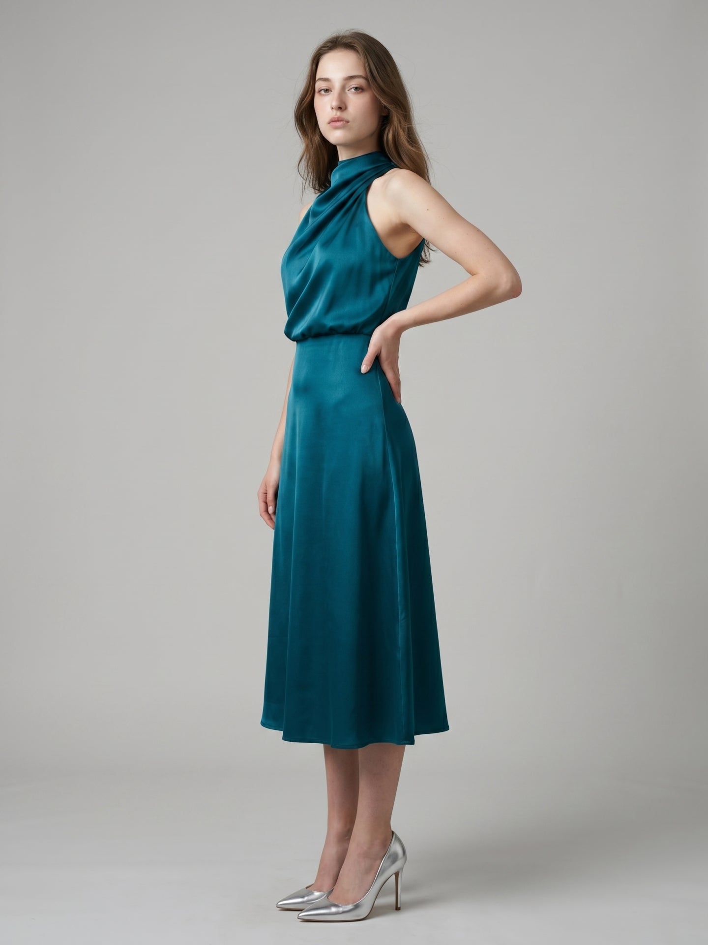 Teal Satin Sheath Scoop Neck Back Zip Tea-Length Bridesmaid Dress
