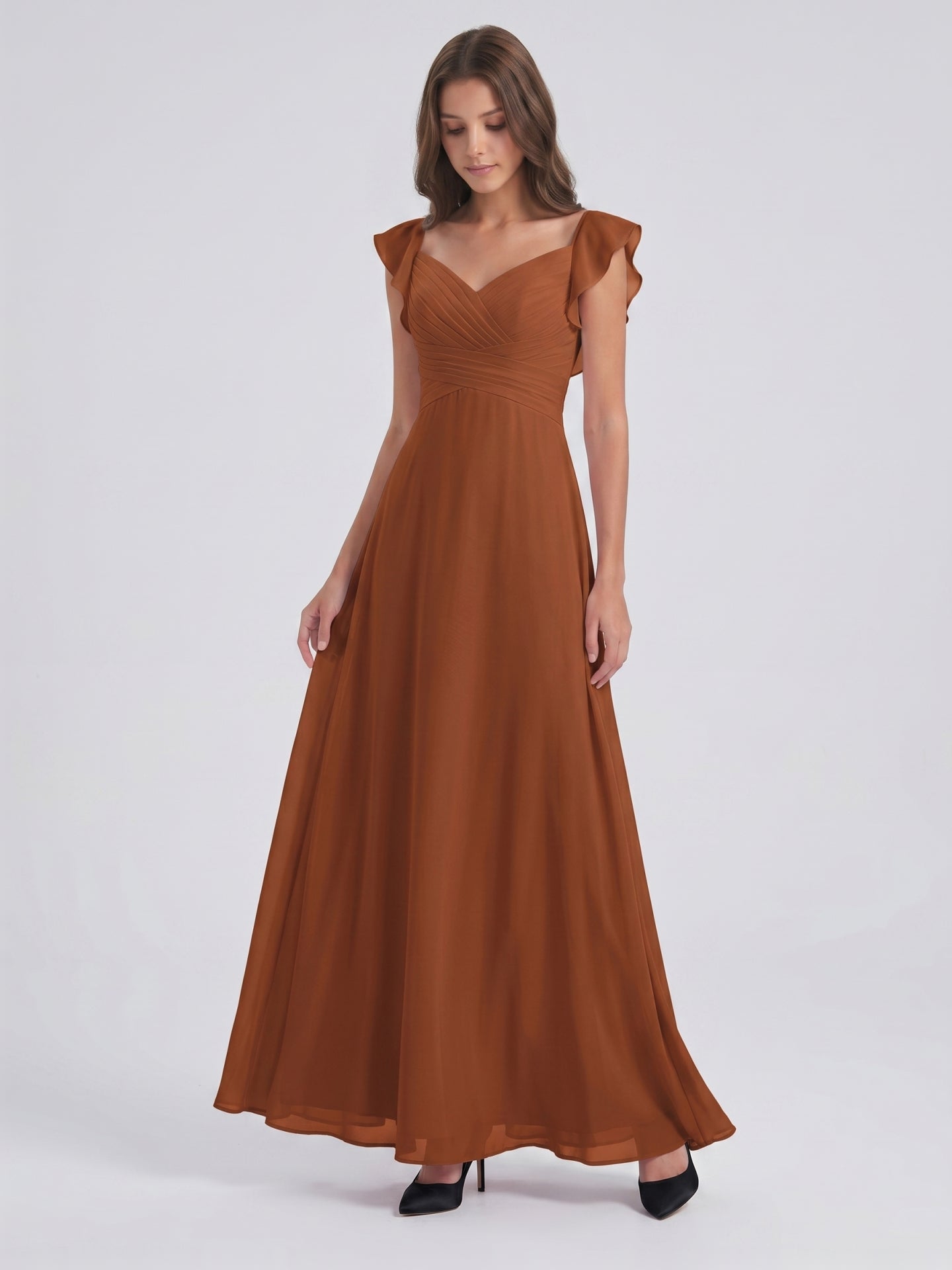 Terracotta Chiffon Sheath V-Neck Backless Floor-Length Ruffle Bridesmaid Dress