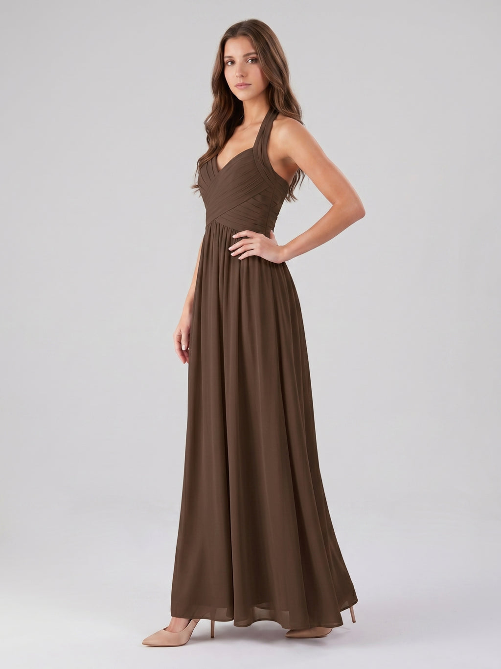 Mocha Chiffon A-Line Halter Backless Floor-Length Pleated Bridesmaid Dress