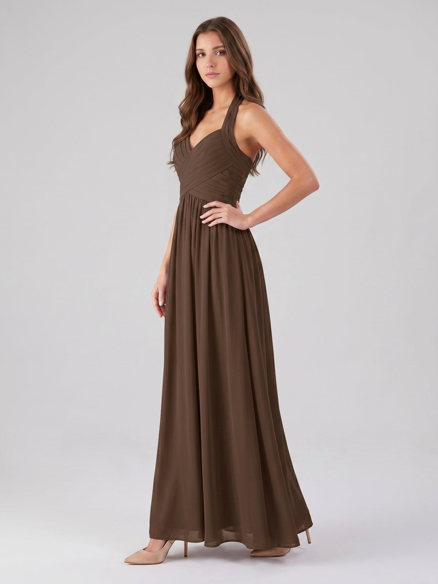 Mocha Chiffon A-Line Halter Backless Floor-Length Pleated Bridesmaid Dress