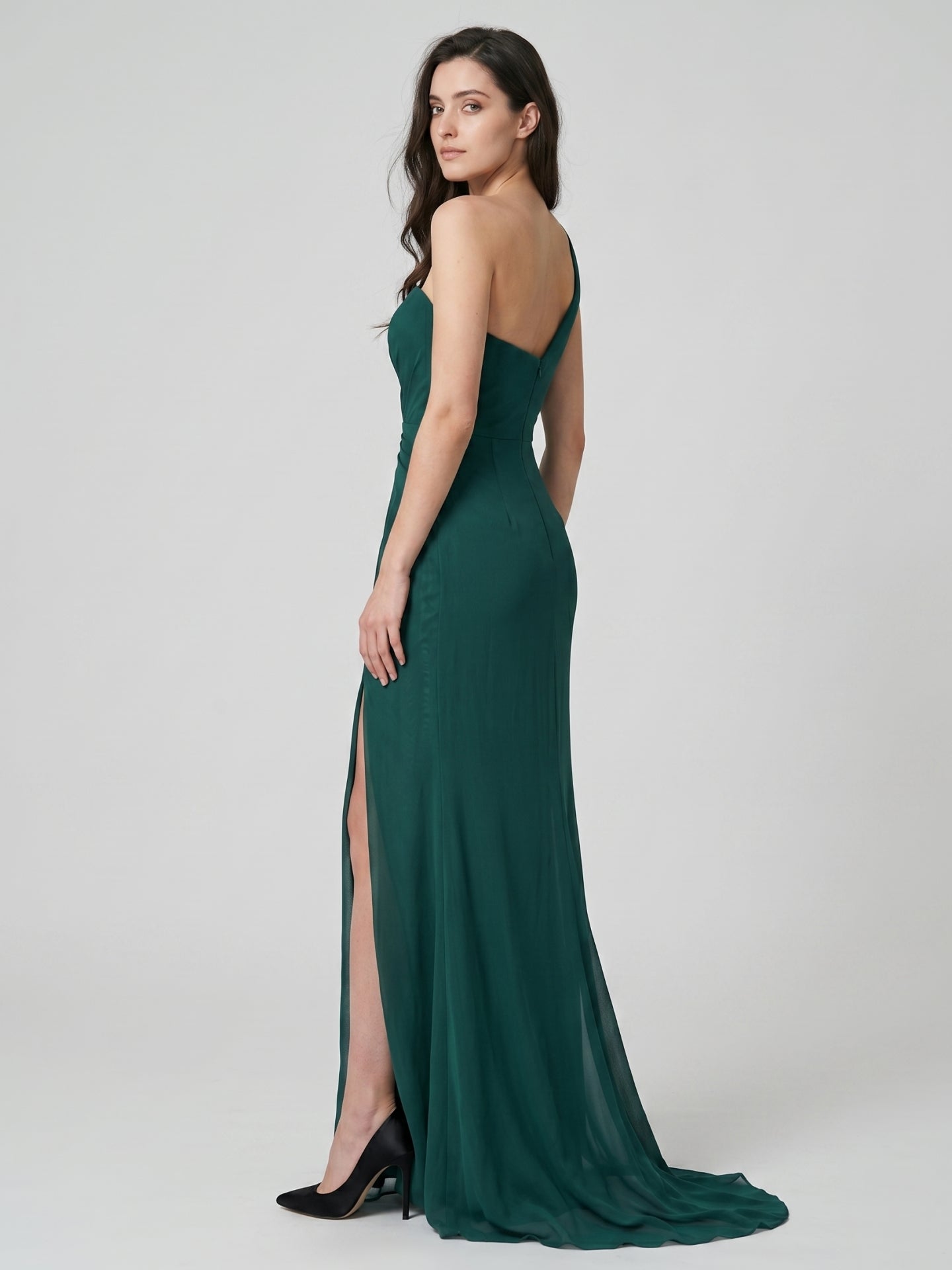 Peacock Chiffon Sheath One Shoulder Back Zip Floor-Length Pleated Bridesmaid Dress