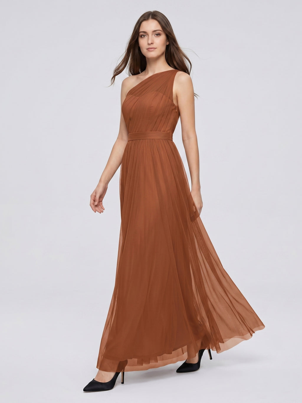Terracotta Tulle A-Line One Shoulder Back Zip Floor-Length Bridesmaid Dress