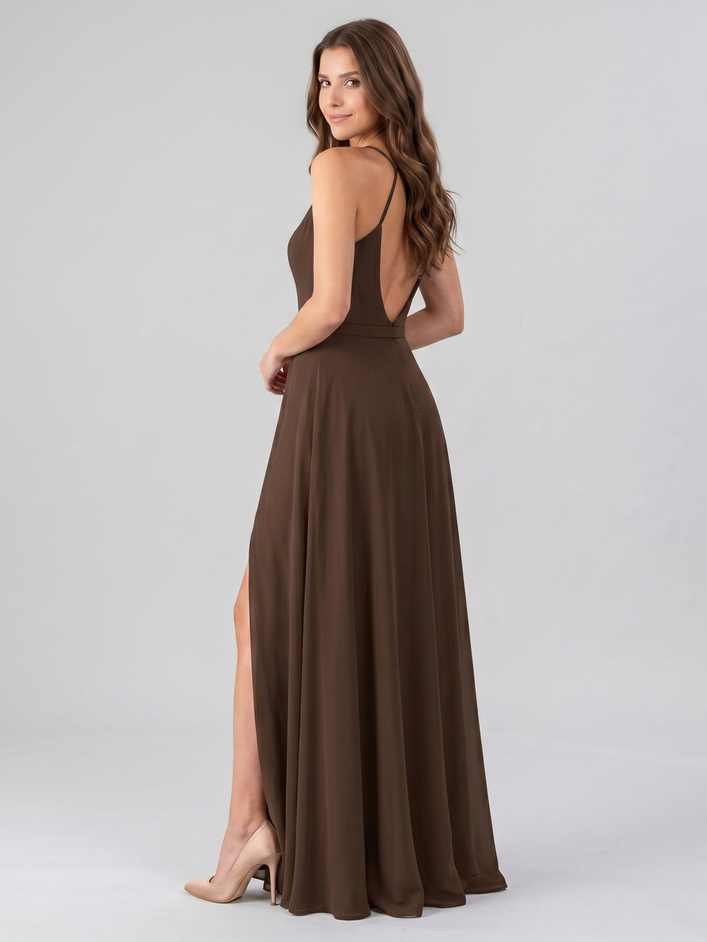 Mocha Chiffon A-Line V-Neck Backless Floor-Length Bridesmaid Dress