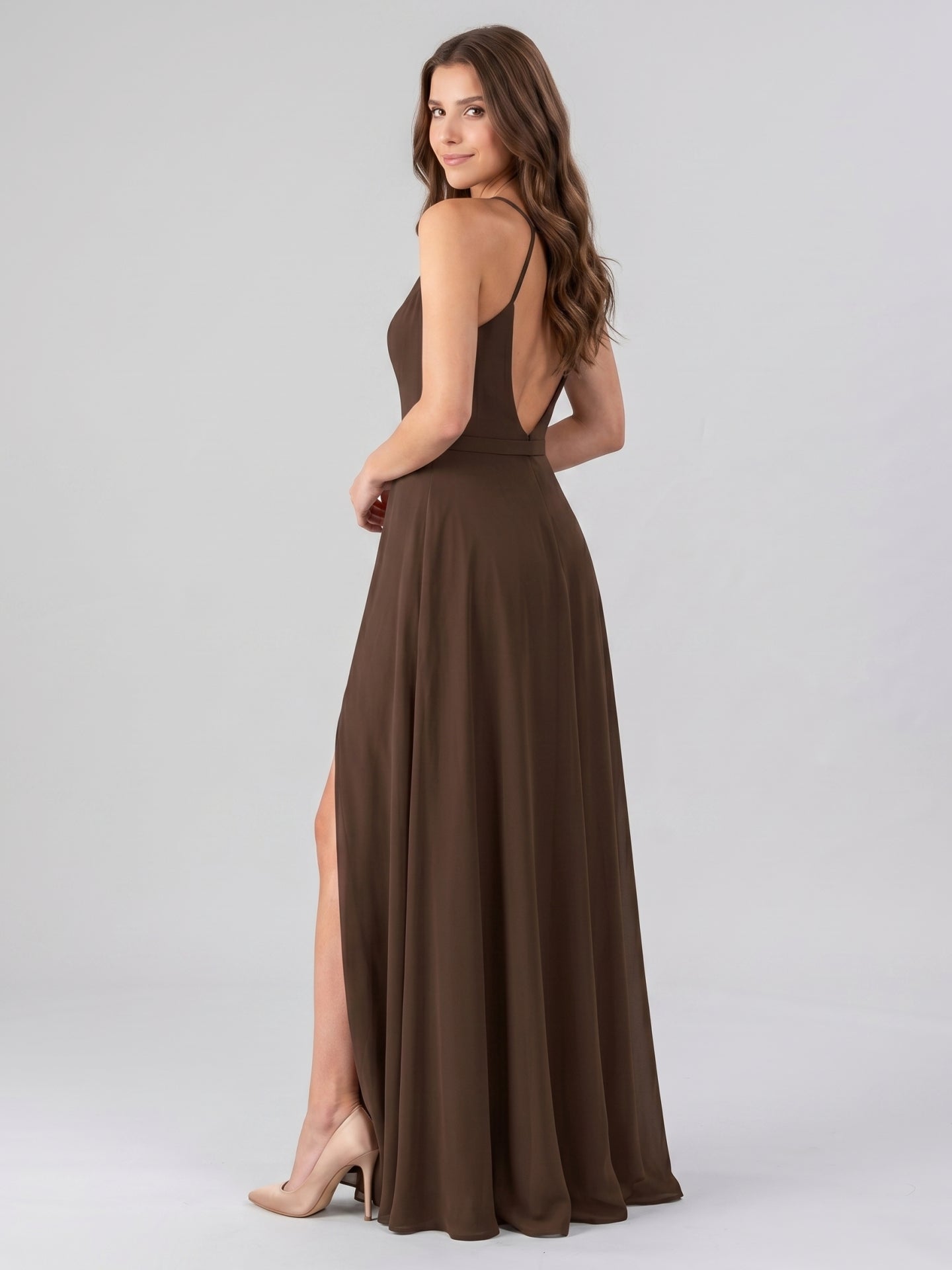 Mocha Chiffon A-Line V-Neck Backless Floor-Length Bridesmaid Dress