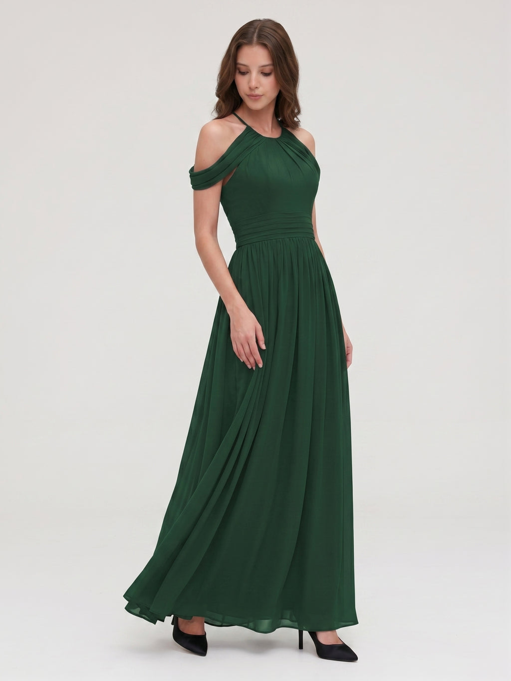 Forest Green Chiffon A-Line Scoop Neck Backless Floor-Length Pleated Bridesmaid Dress