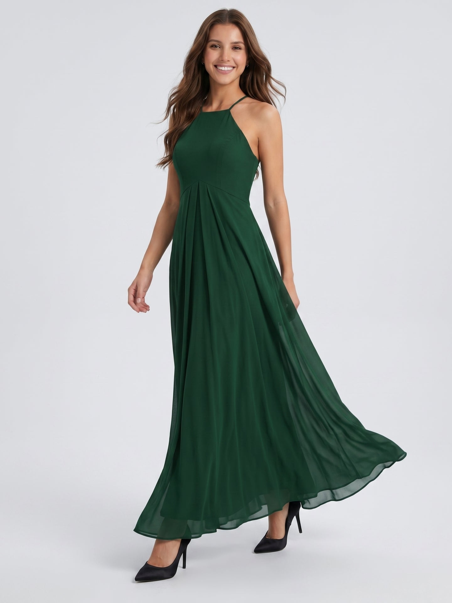 Forest Green Chiffon A-Line Halter Back Zip Floor-Length Ruffle Bridesmaid Dress
