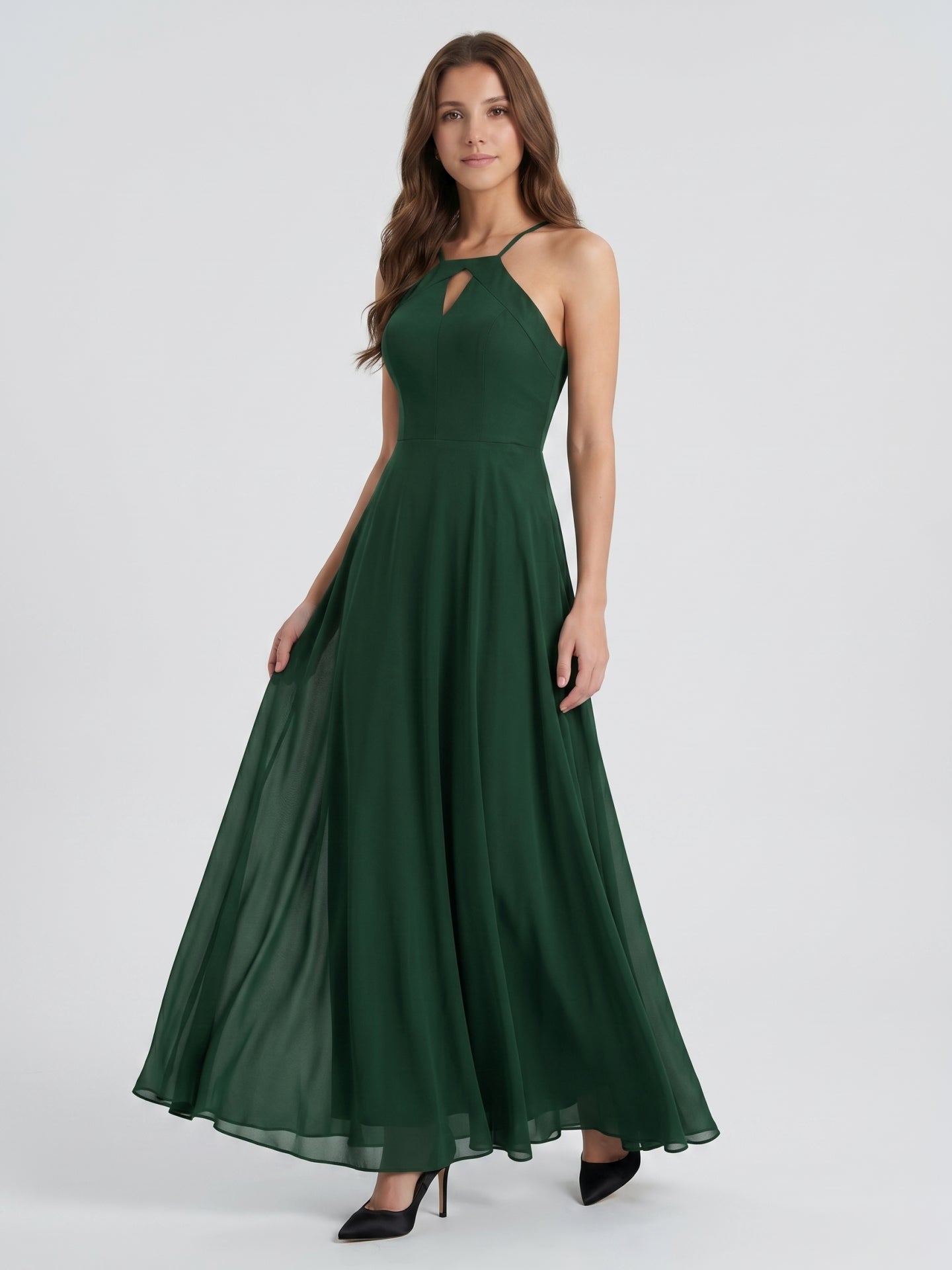 Forest Green Chiffon A-Line Halter Backless Floor-Length Bridesmaid Dress