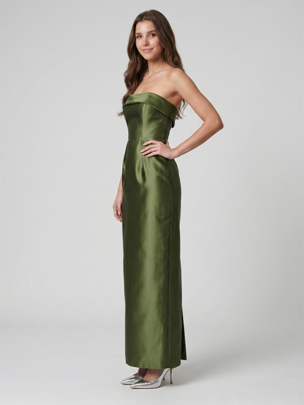 Olive Green Satin Sheath Off-the-Shoulder Backless Floor-Length Bridesmaid Dress