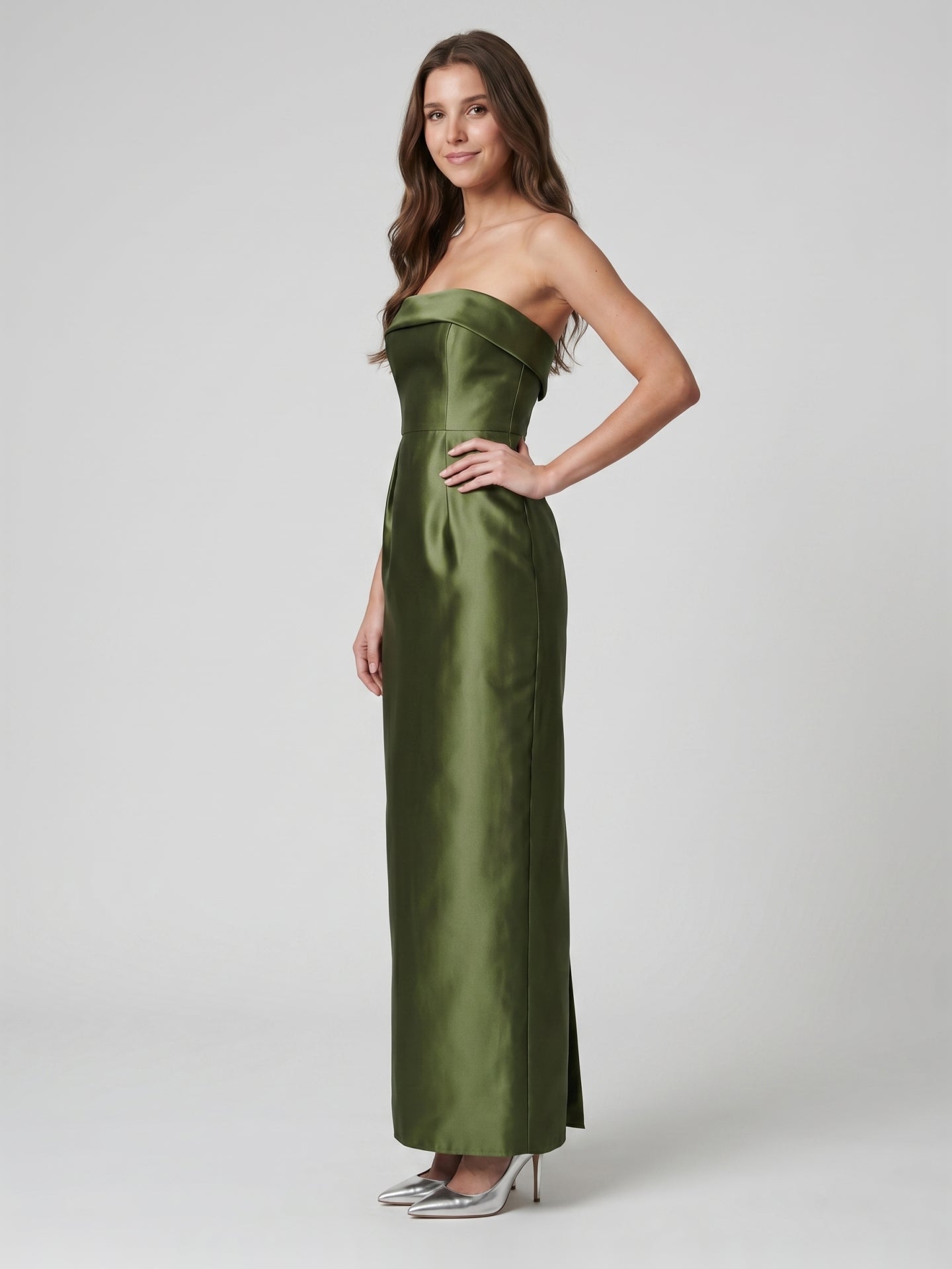 Olive Green Satin Sheath Off-the-Shoulder Backless Floor-Length Bridesmaid Dress