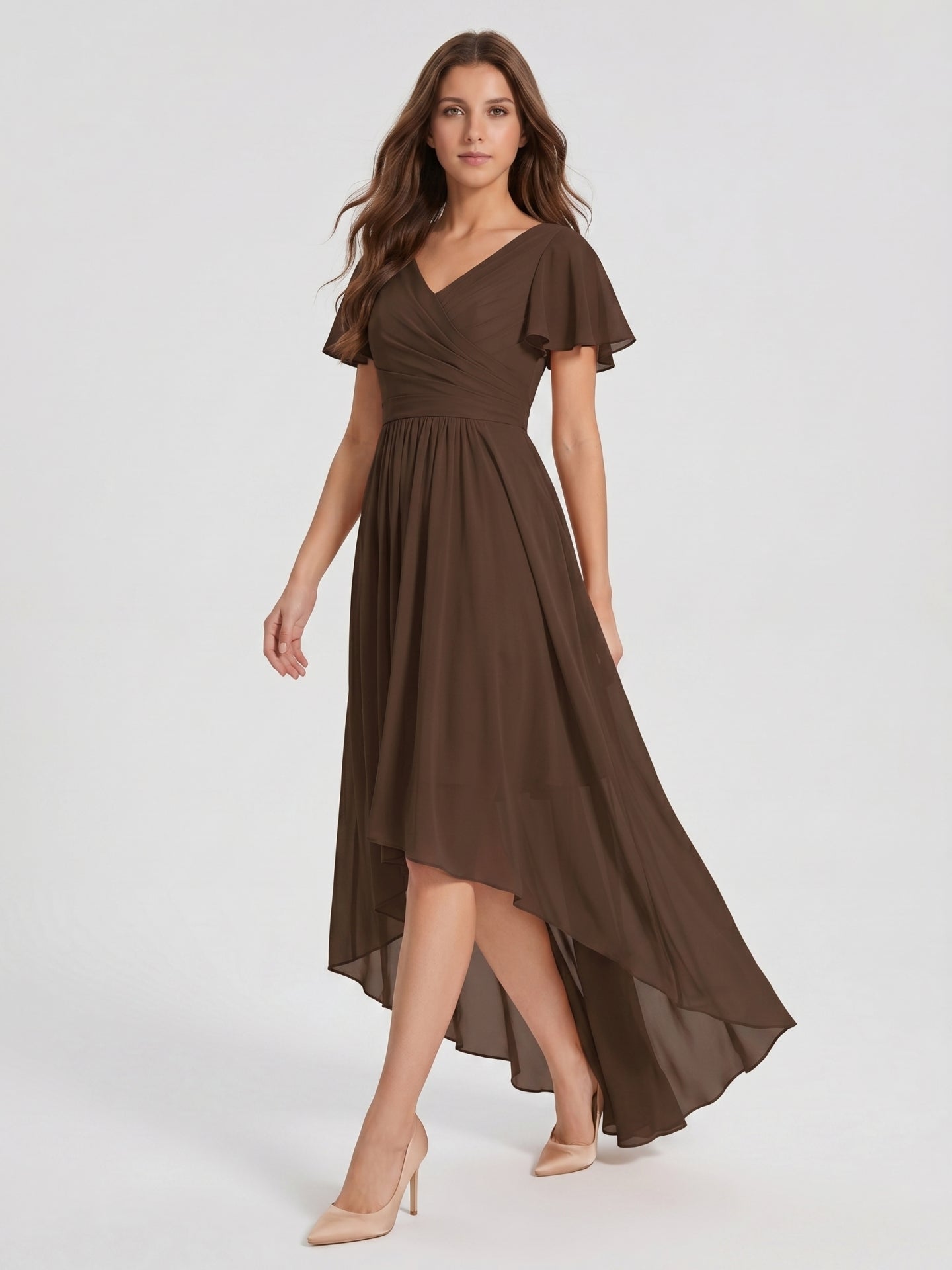 Mocha Chiffon A-Line V-Neck V-Back Asymmetrical Pleated Bridesmaid Dress