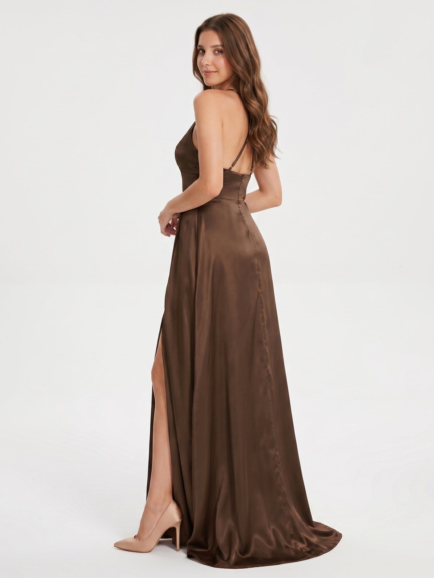 Mocha Satin A-Line Halter Criss-Cross Back Floor-Length Bridesmaid Dress