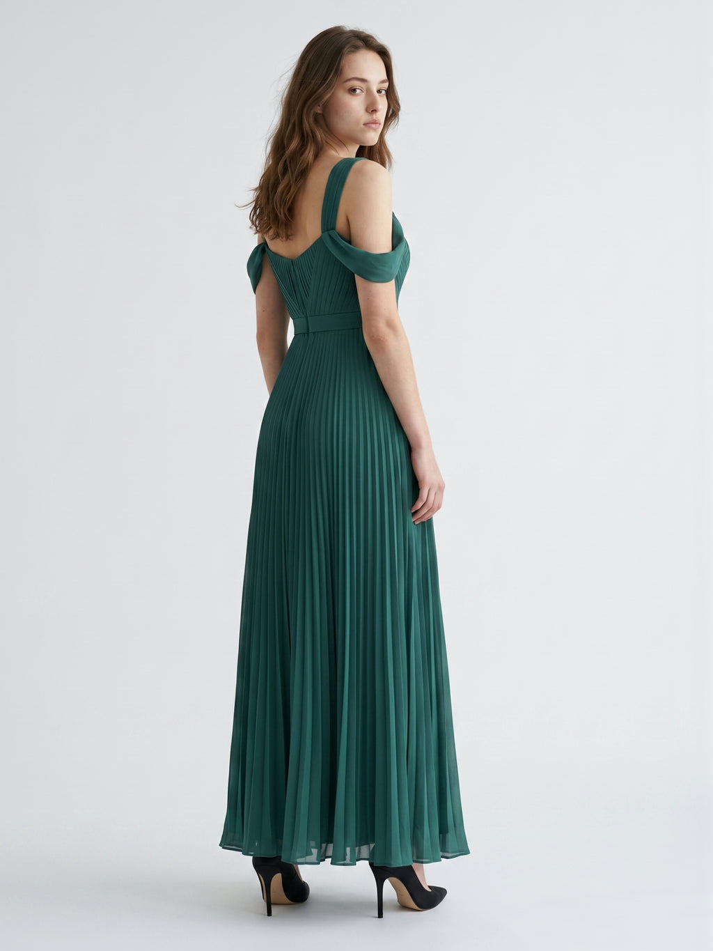 Peacock Chiffon A-Line Off-the-Shoulder Backless Floor-Length Pleated Dress