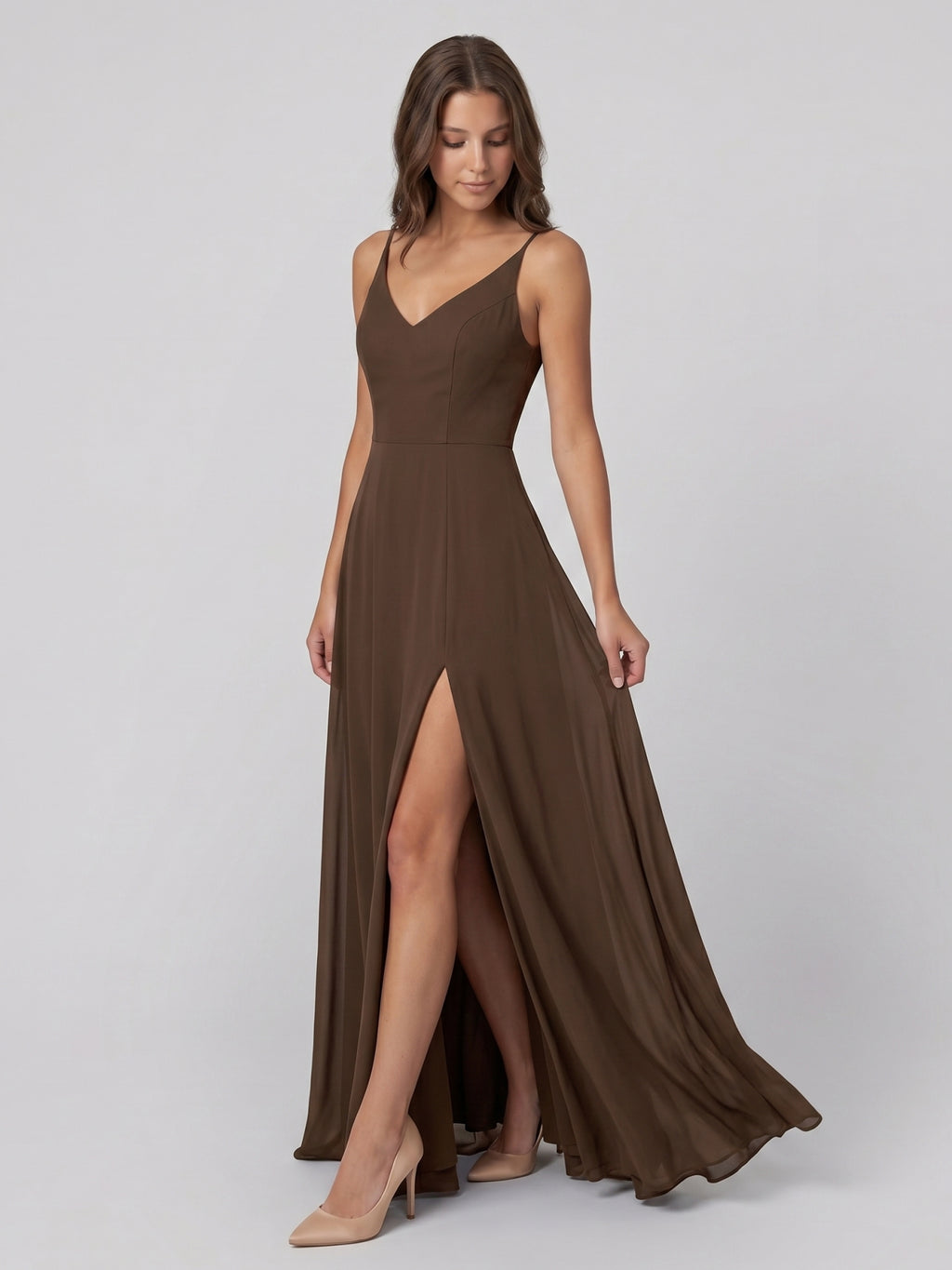 Mocha Chiffon A-Line V-Neck V-Back Floor-Length Bridesmaid Dress
