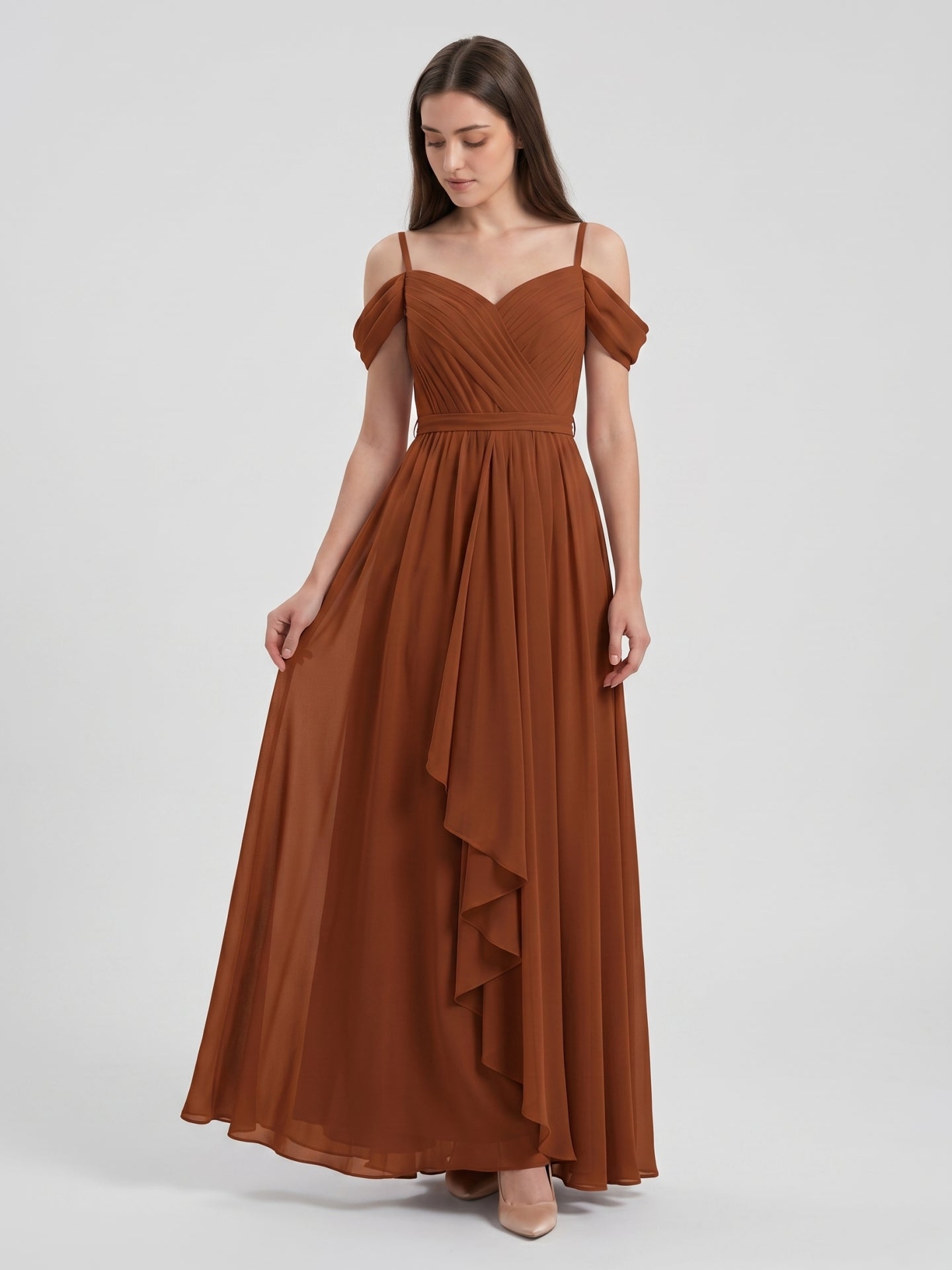 Terracotta Chiffon A-Line Off-the-Shoulder Backless Floor-Length Pleated Bridesmaid Dress