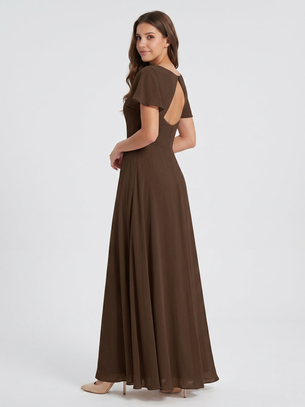 Mocha Chiffon A-Line V-Neck Keyhole Back Floor-Length Bridesmaid Dress
