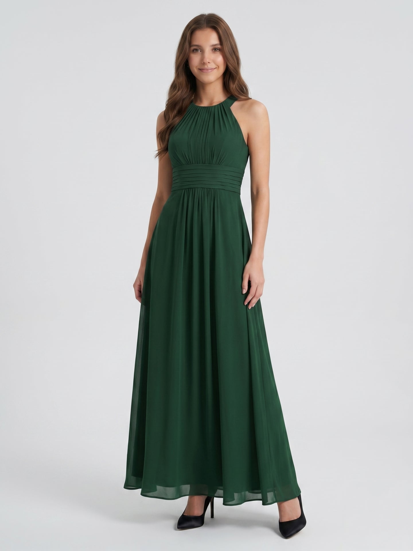 Forest Green Chiffon A-Line Halter Back Zip Floor-Length Pleated Bridesmaid Dress