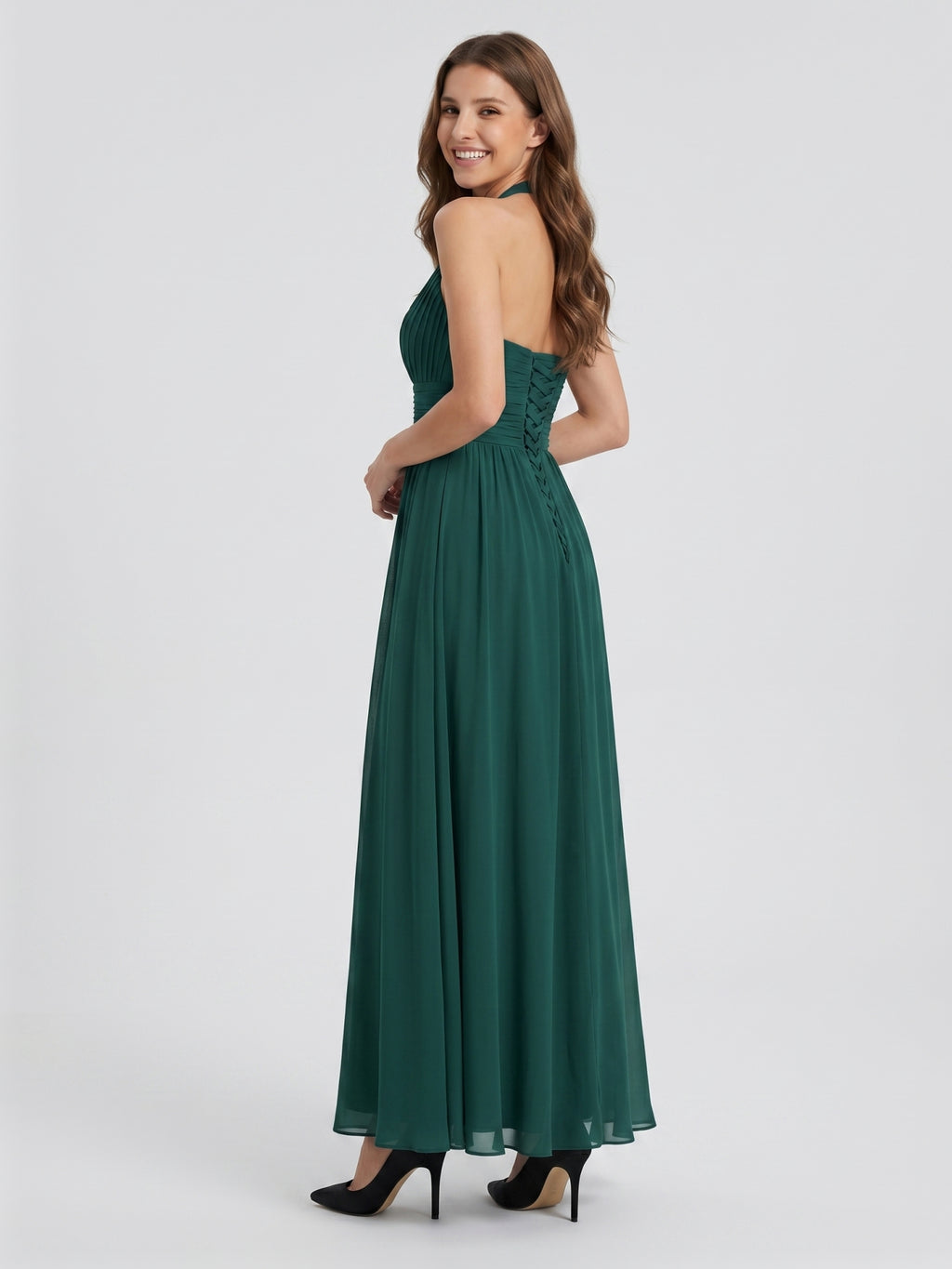 Peacock Chiffon A-Line Halter Criss-Cross Back Floor-Length Pleated Bridesmaid Dress