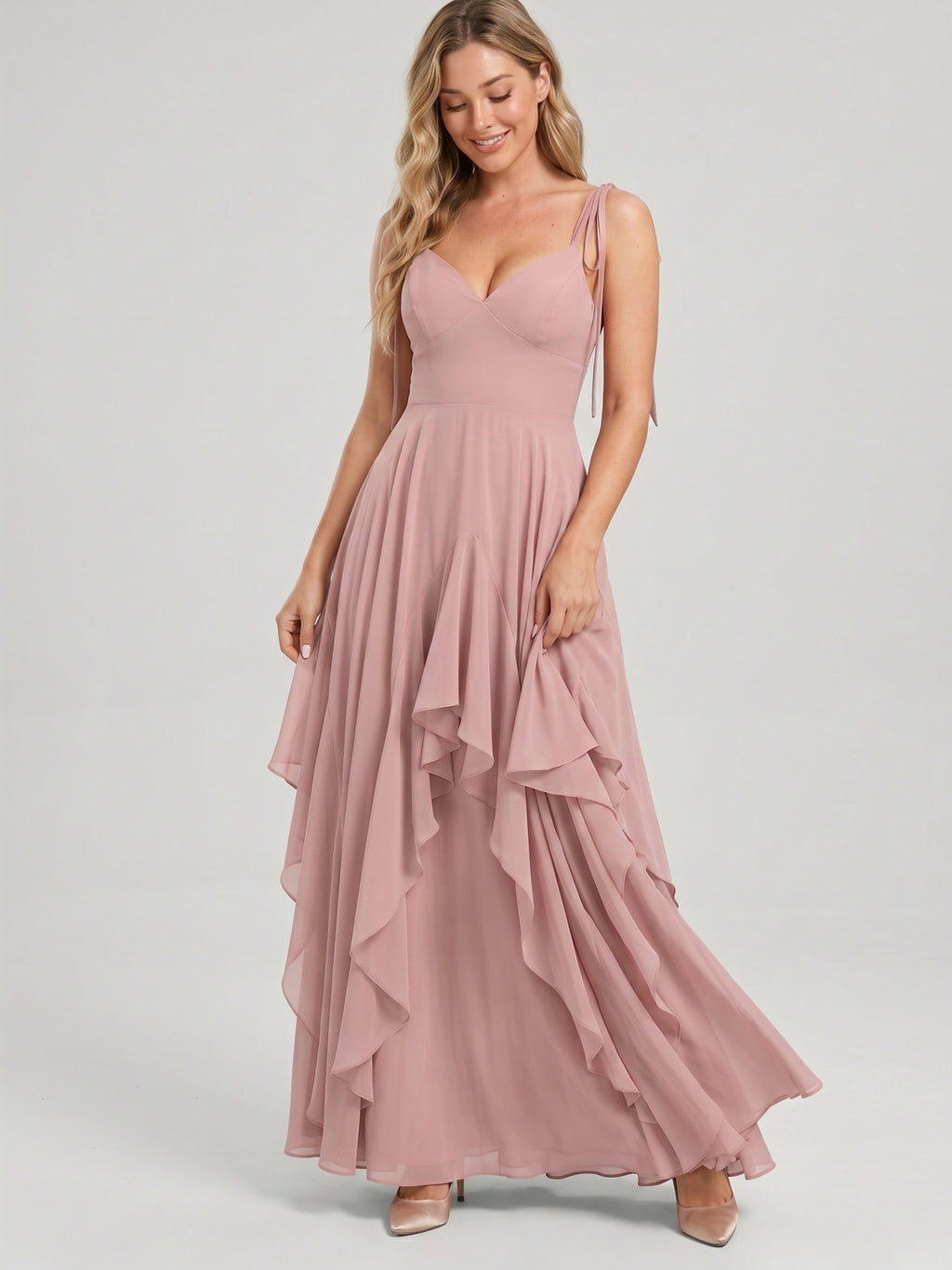 Sweet & Flowy Dusty Rose Chiffon A-Line V-Neck Back Zip with Ruffle Ankle-Length Bridesmaid Dress