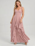 Sweet & Flowy Dusty Rose Chiffon A-Line V-Neck Back Zip with Ruffle Ankle-Length Bridesmaid Dress
