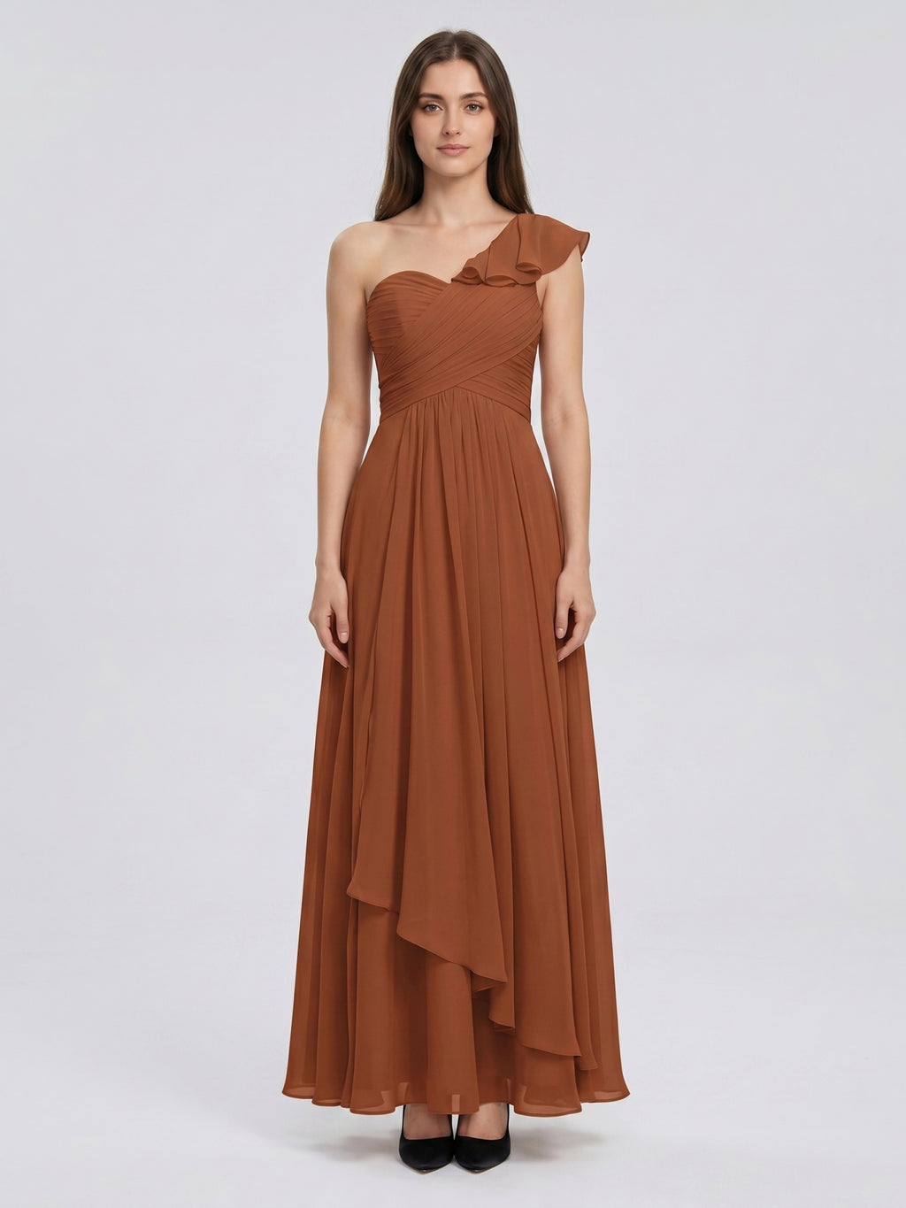 Terracotta Chiffon A-Line One Shoulder Backless Floor-Length Ruffle Bridesmaid Dress