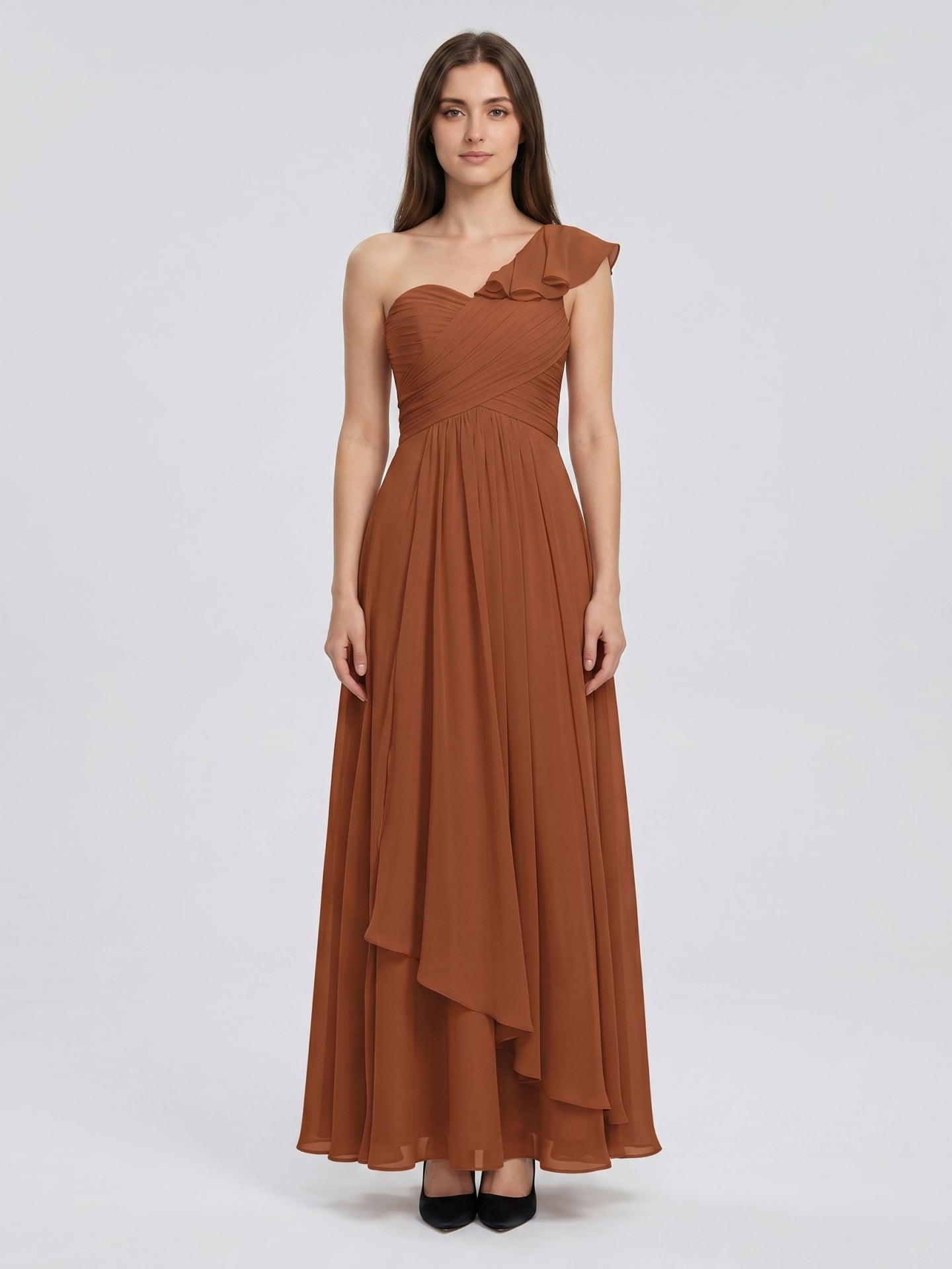 Terracotta Chiffon A-Line One Shoulder Backless Floor-Length Ruffle Bridesmaid Dress