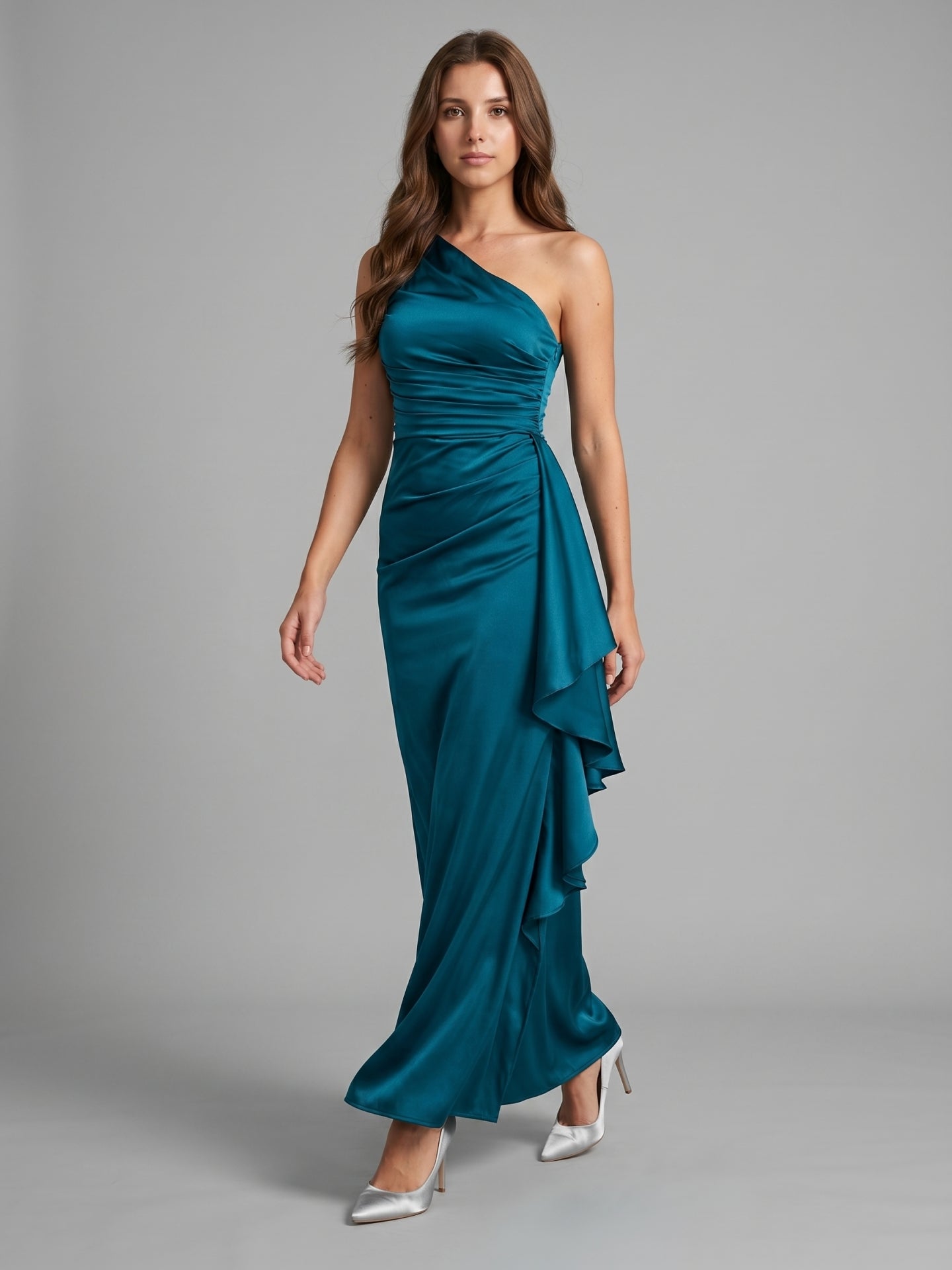 Teal Satin Sheath One Shoulder Side Zip Ankle-Length Ruffle Bridesmaid Dress