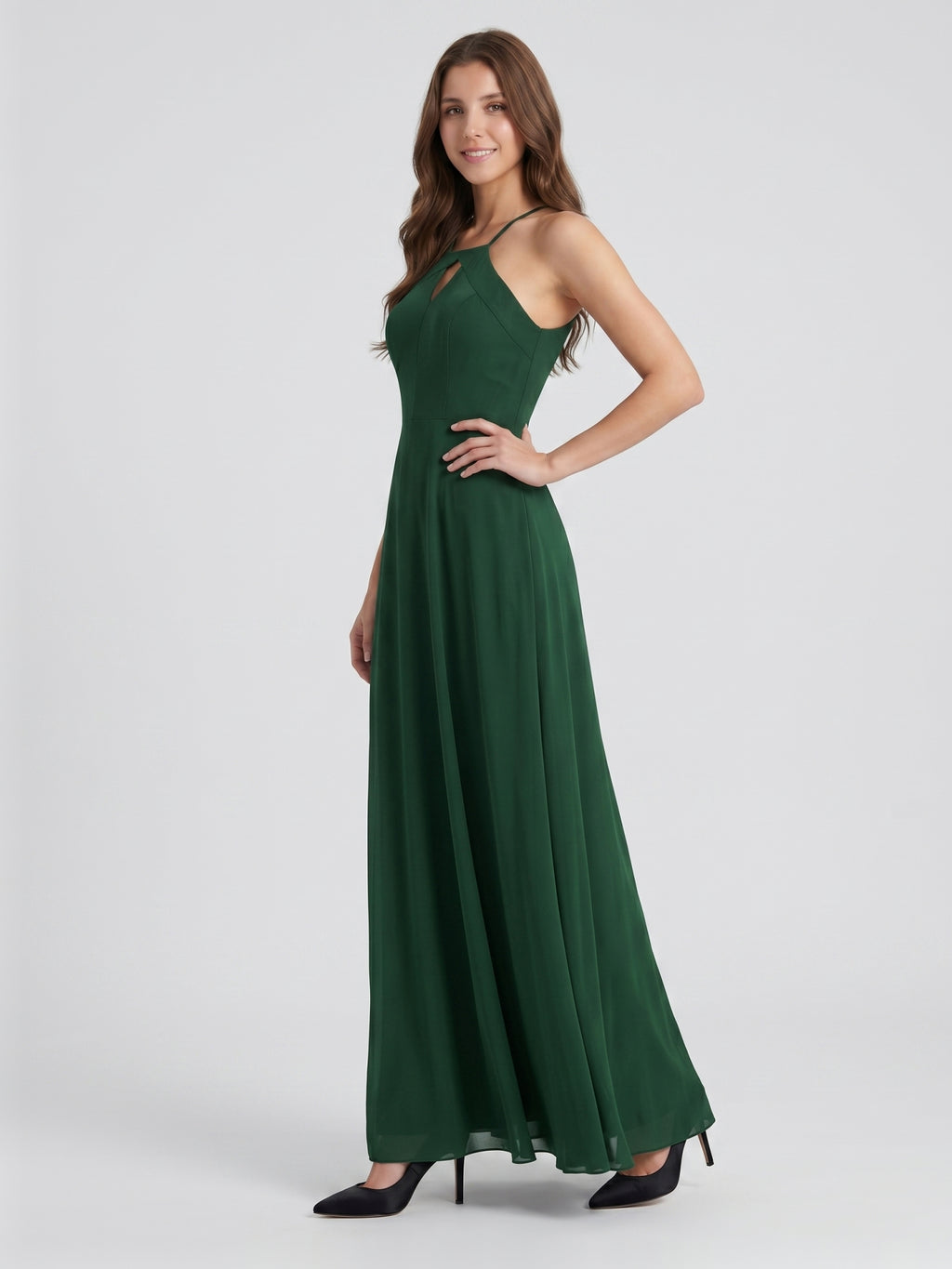 Forest Green Chiffon A-Line Halter Backless Floor-Length Bridesmaid Dress
