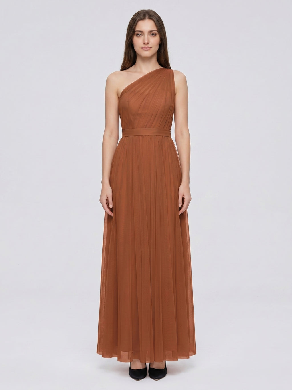Terracotta Tulle A-Line One Shoulder Back Zip Floor-Length Bridesmaid Dress