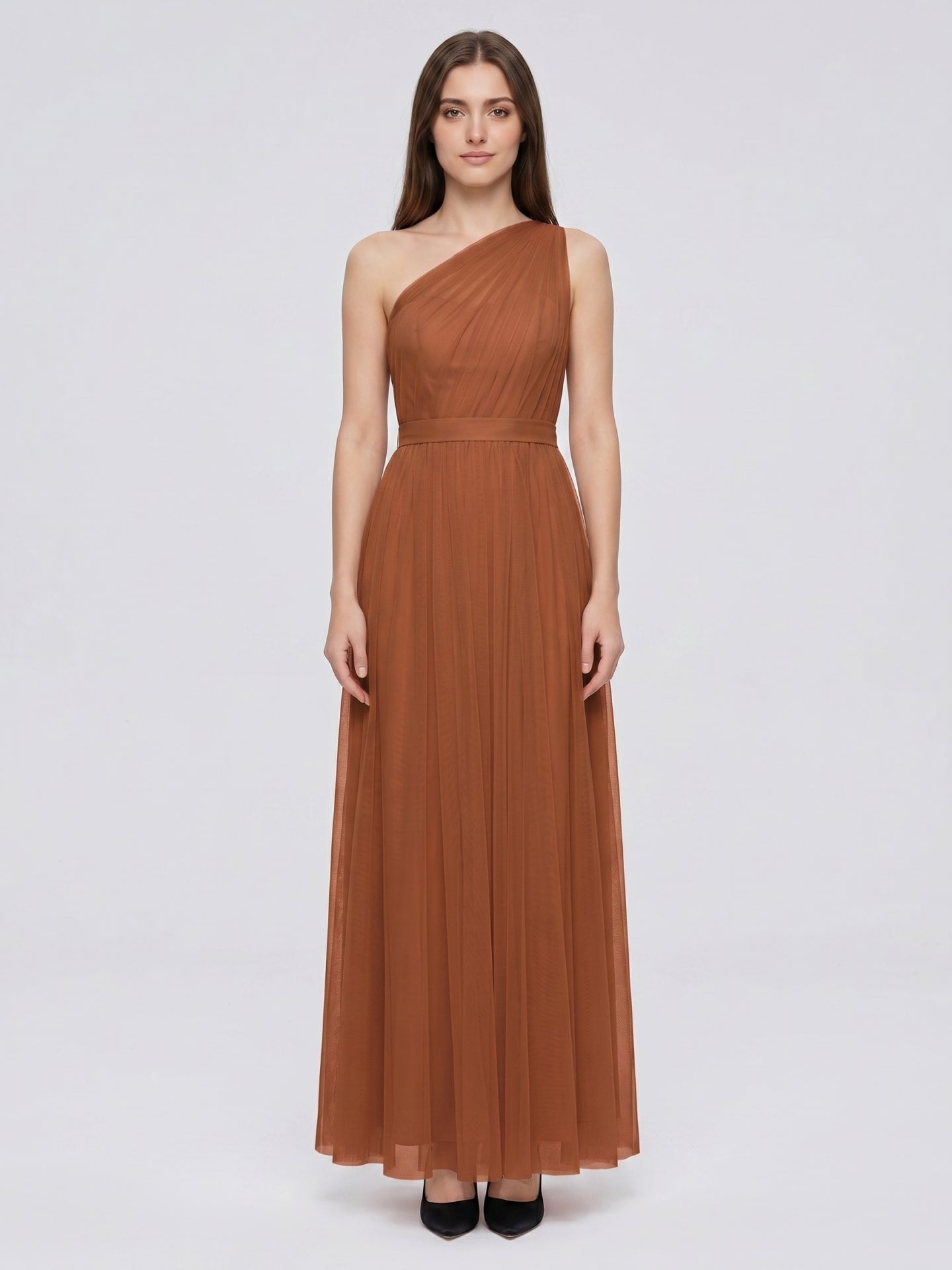 Terracotta Tulle A-Line One Shoulder Back Zip Floor-Length Bridesmaid Dress