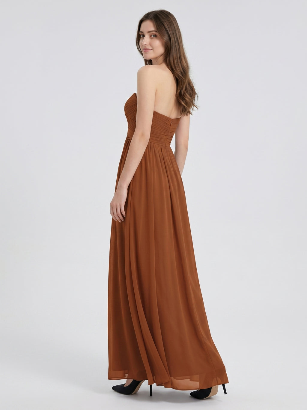 Terracotta Chiffon A-Line Off-the-Shoulder Back Zip Floor-Length Pleated Bridesmaid Dress