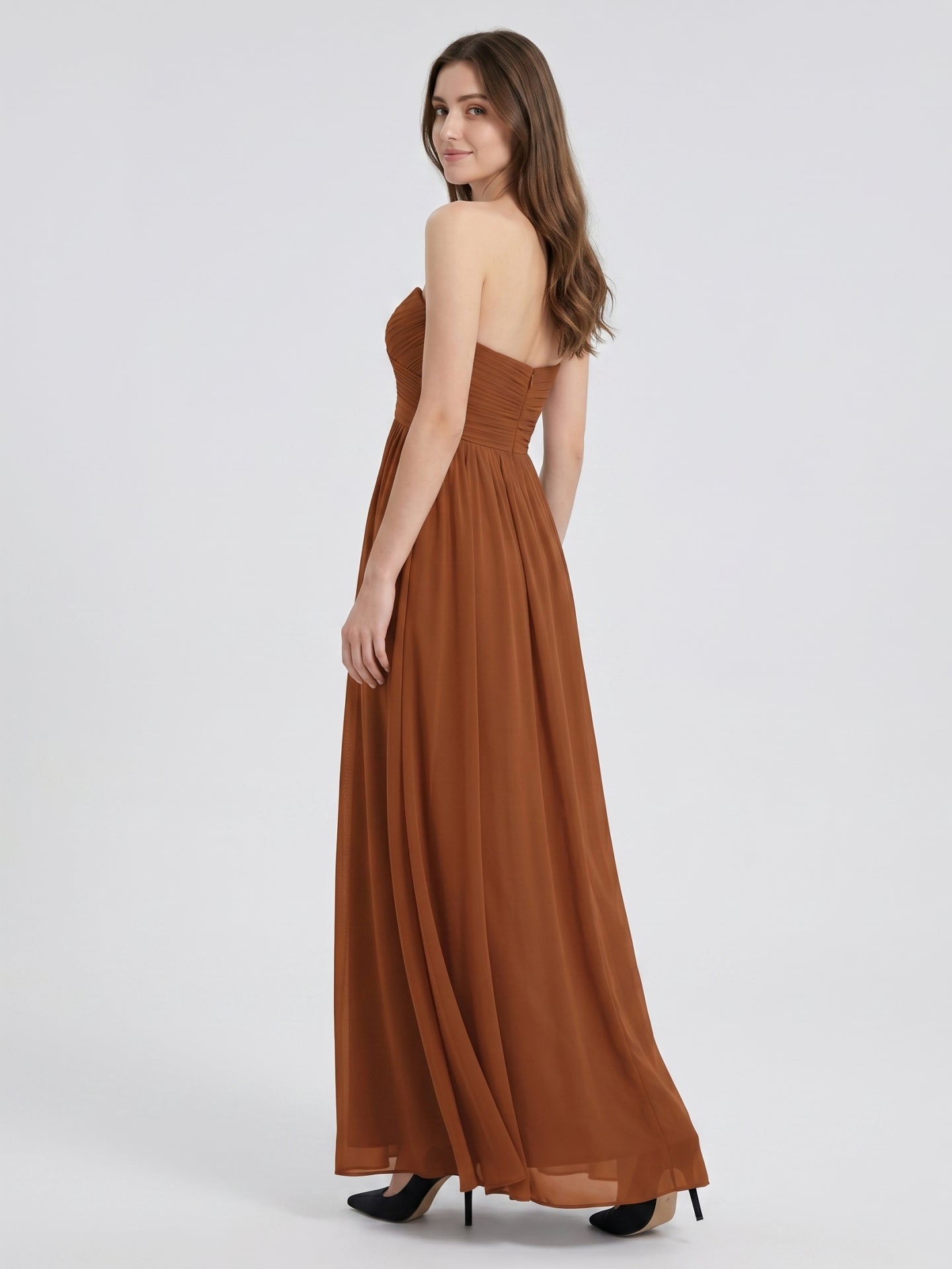 Terracotta Chiffon A-Line Off-the-Shoulder Back Zip Floor-Length Pleated Bridesmaid Dress