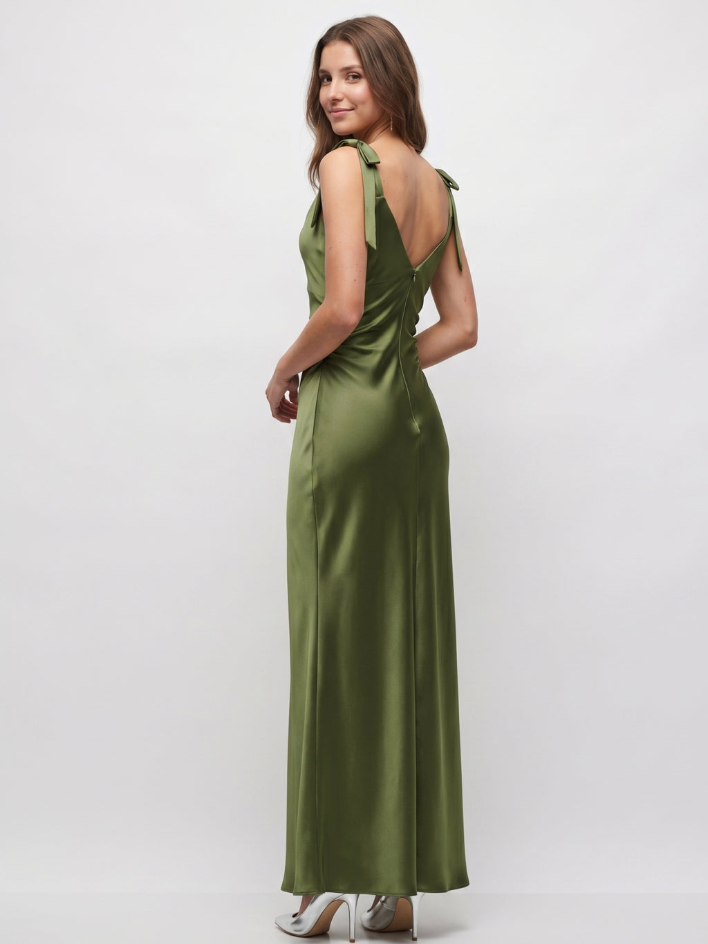 Olive Green Satin Mermaid Cowl Neck Backless Floor-Length Pleated Bridesmaid Dress