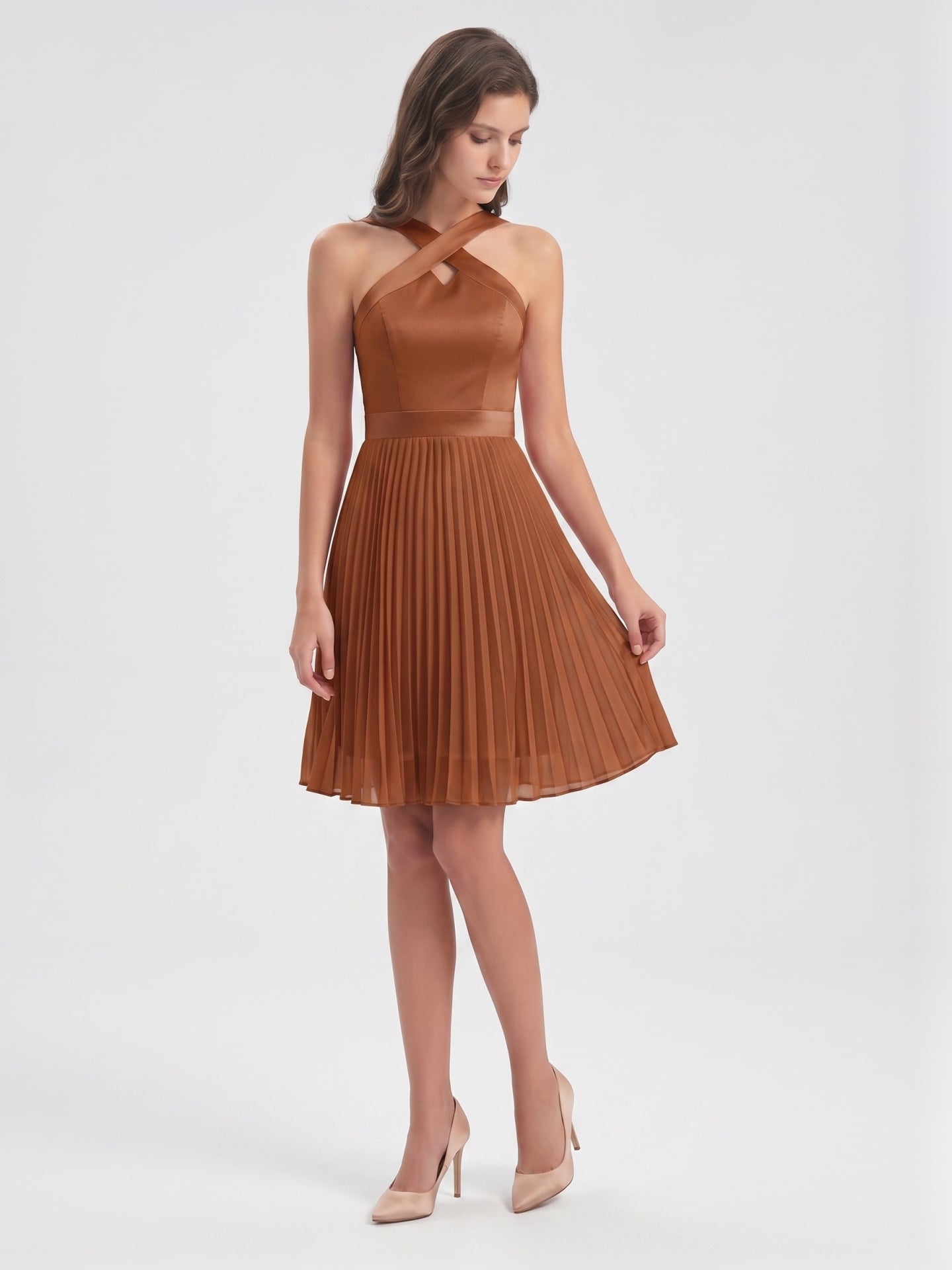 Terracotta Chiffon A-Line Halter Back Zip Knee-Length Pleated Bridesmaid Dress