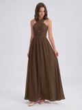 Mocha Chiffon A-Line Halter Backless Floor-Length Bridesmaid Dress